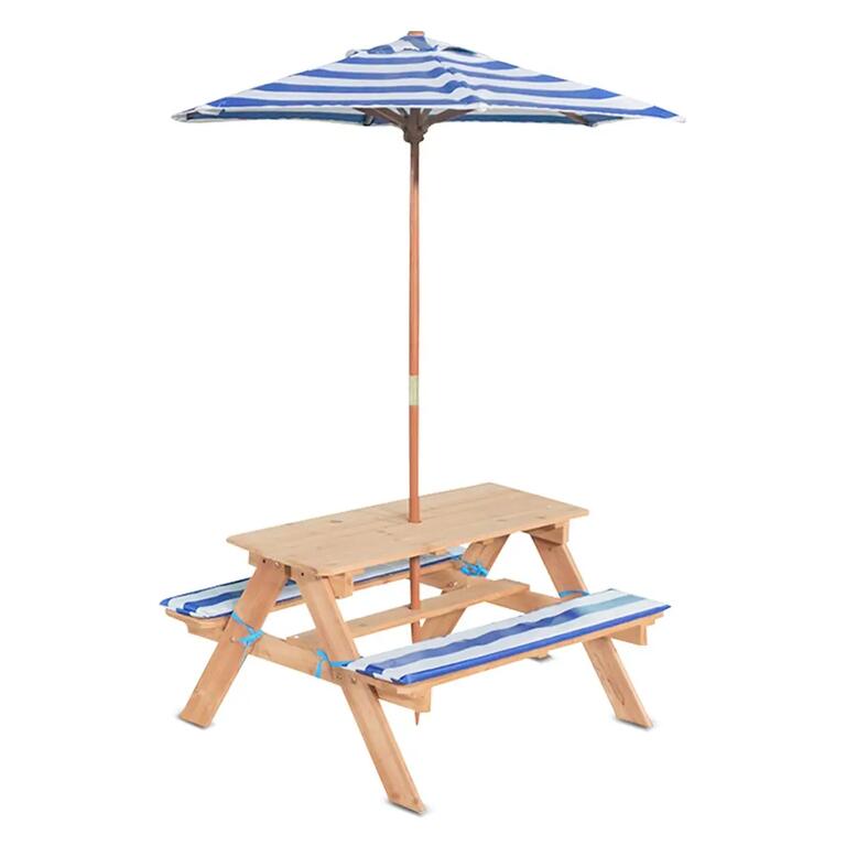Wooden kids picnic table with striped umbrella and built-in bench seating
