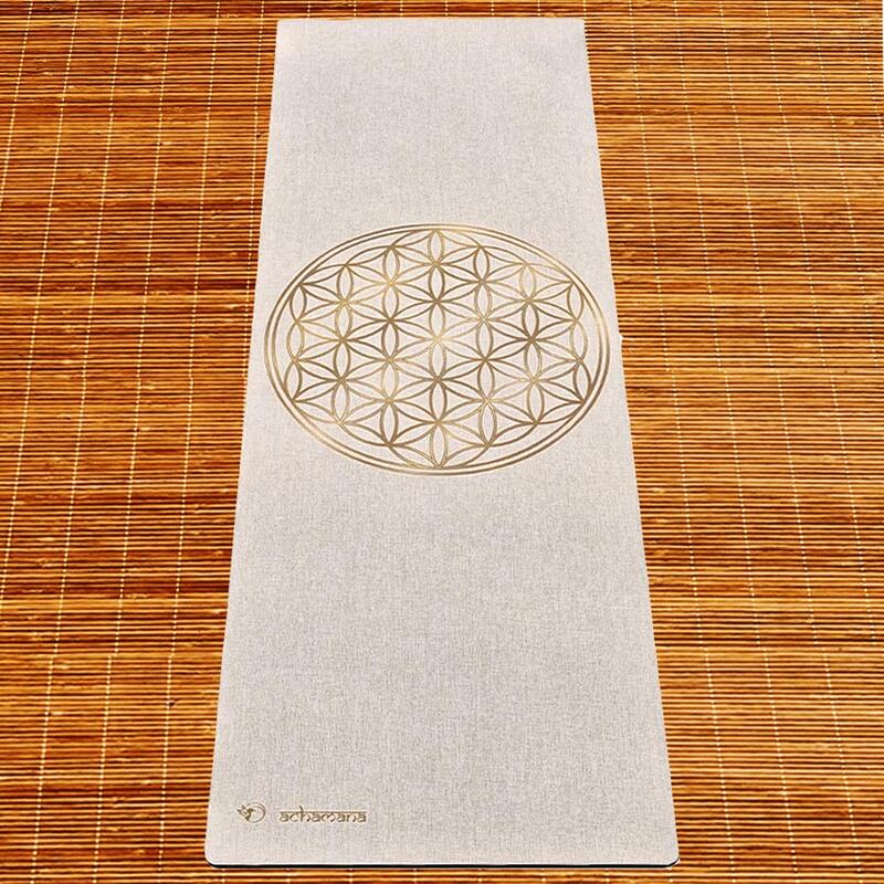 Tapis yoga caoutchouc naturel et chanvre 4,5 mm + Sac transport, Fleur de vie or