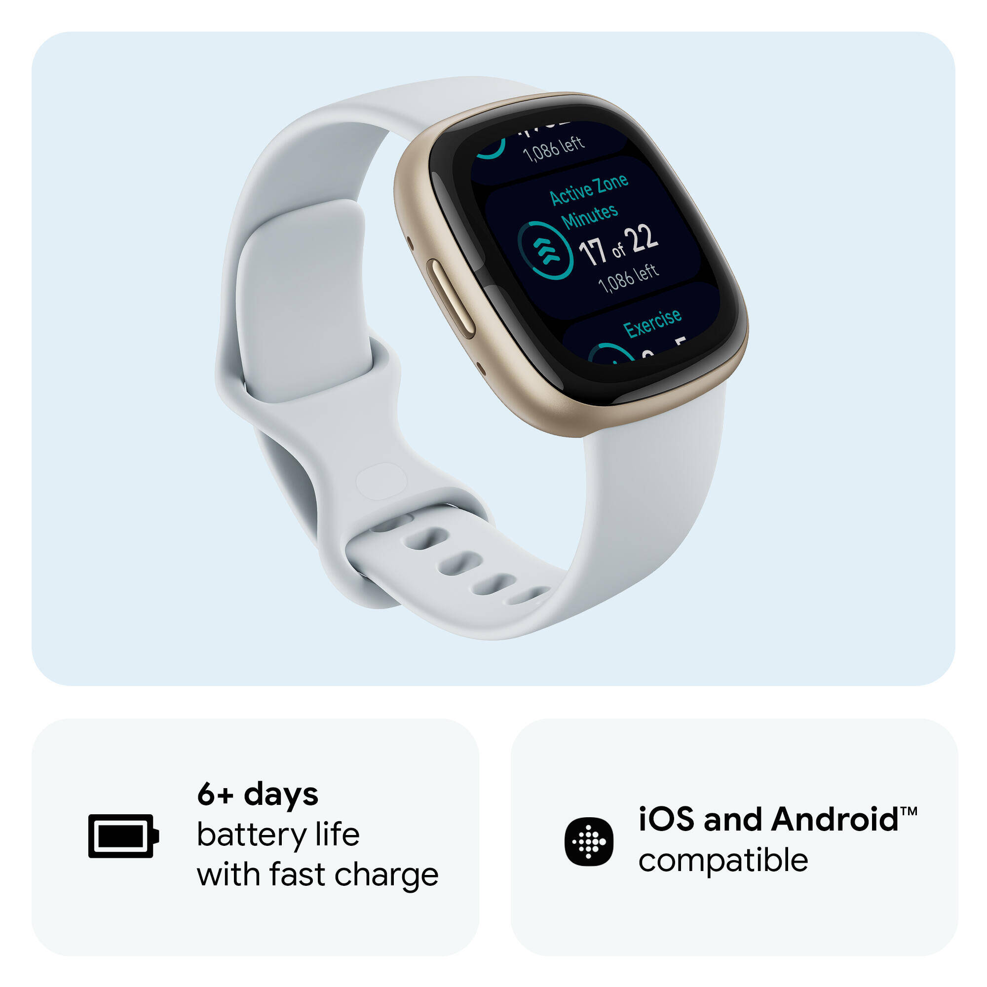 Fitbit Sense 2 Health & Fitness Watch (Blue Mist / Soft Gold Aluminium) -  2