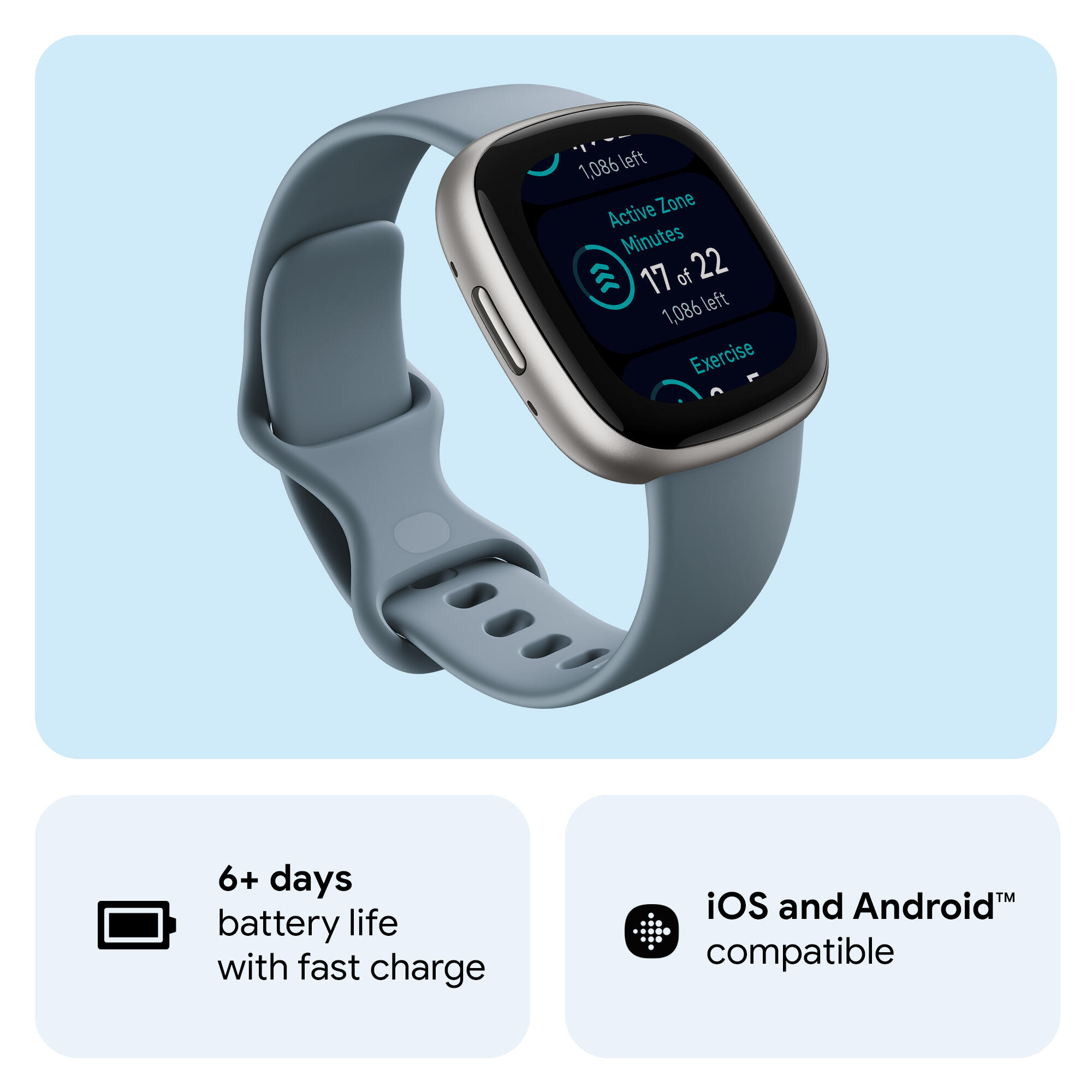 Fitbit Versa 4 Fitness Watch (Waterfall Blue / Platinum Aluminium)