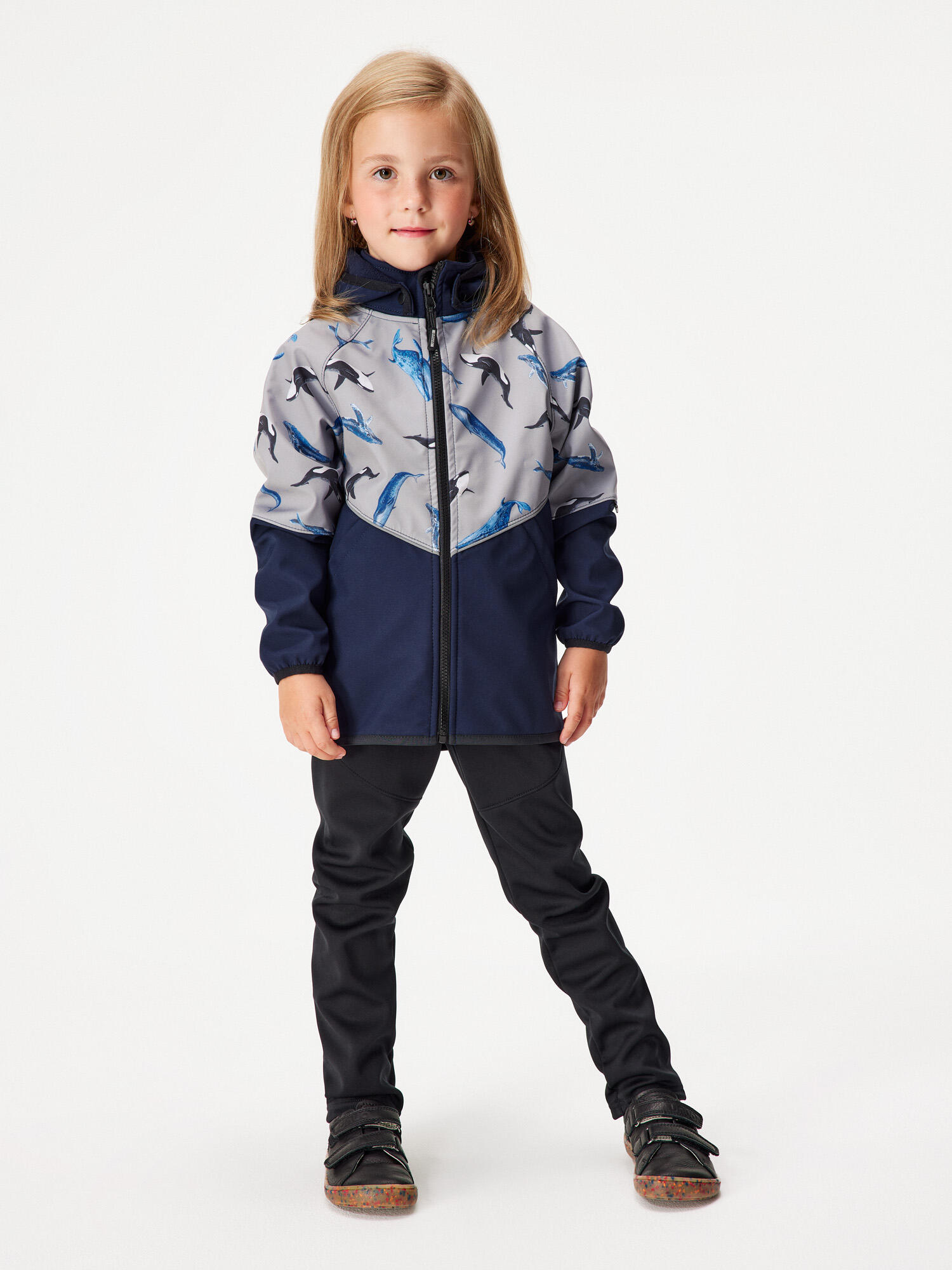 Softshell-Jacke mit Fleece für Kinder Slim, Dunkel Blau Schwarz, Grau, Wale 4/7