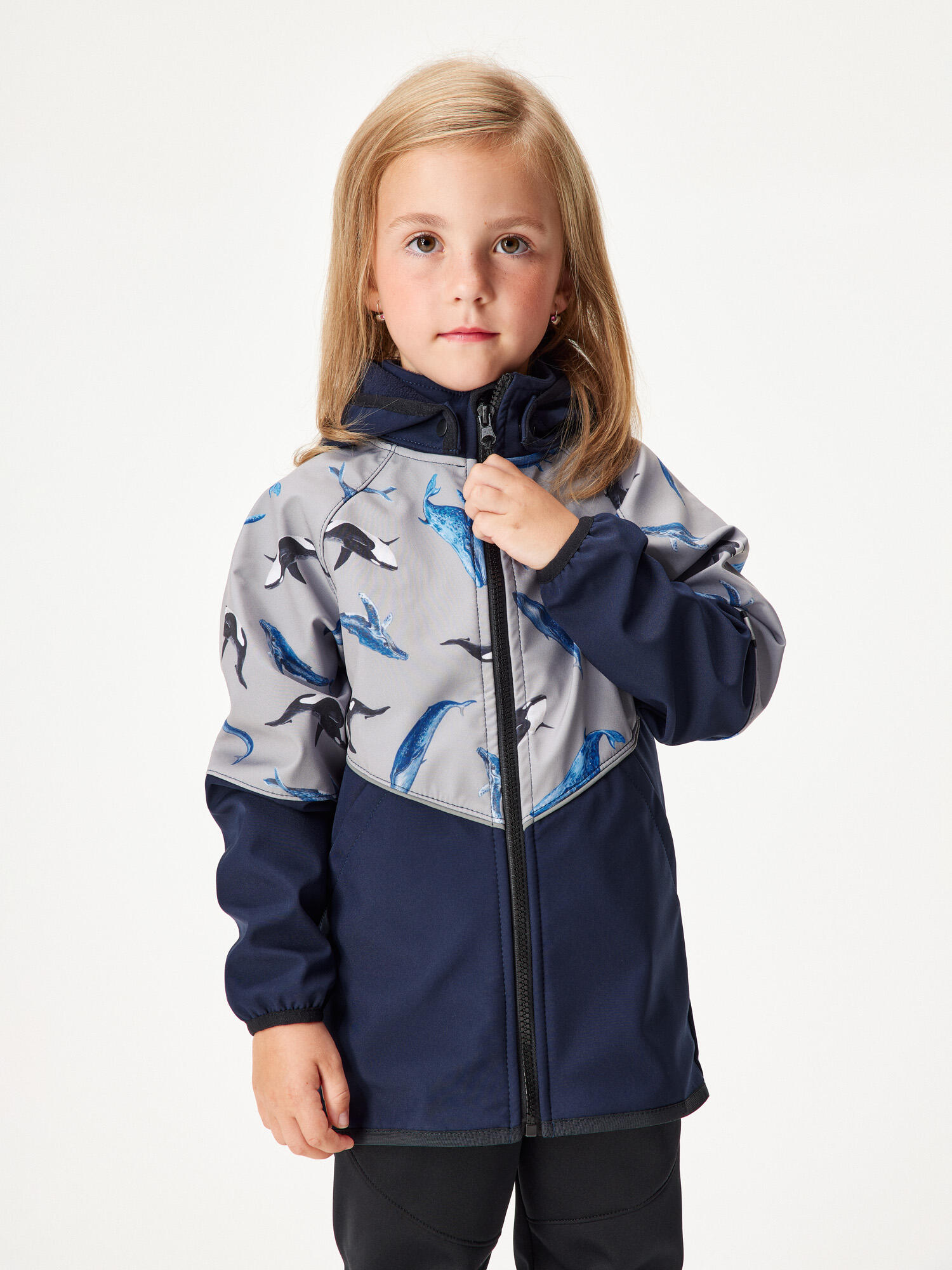 Dziecięca kurtka softshell z polarem Slim, Tm. Niebiesko-czarny, Szary, Wieloryb