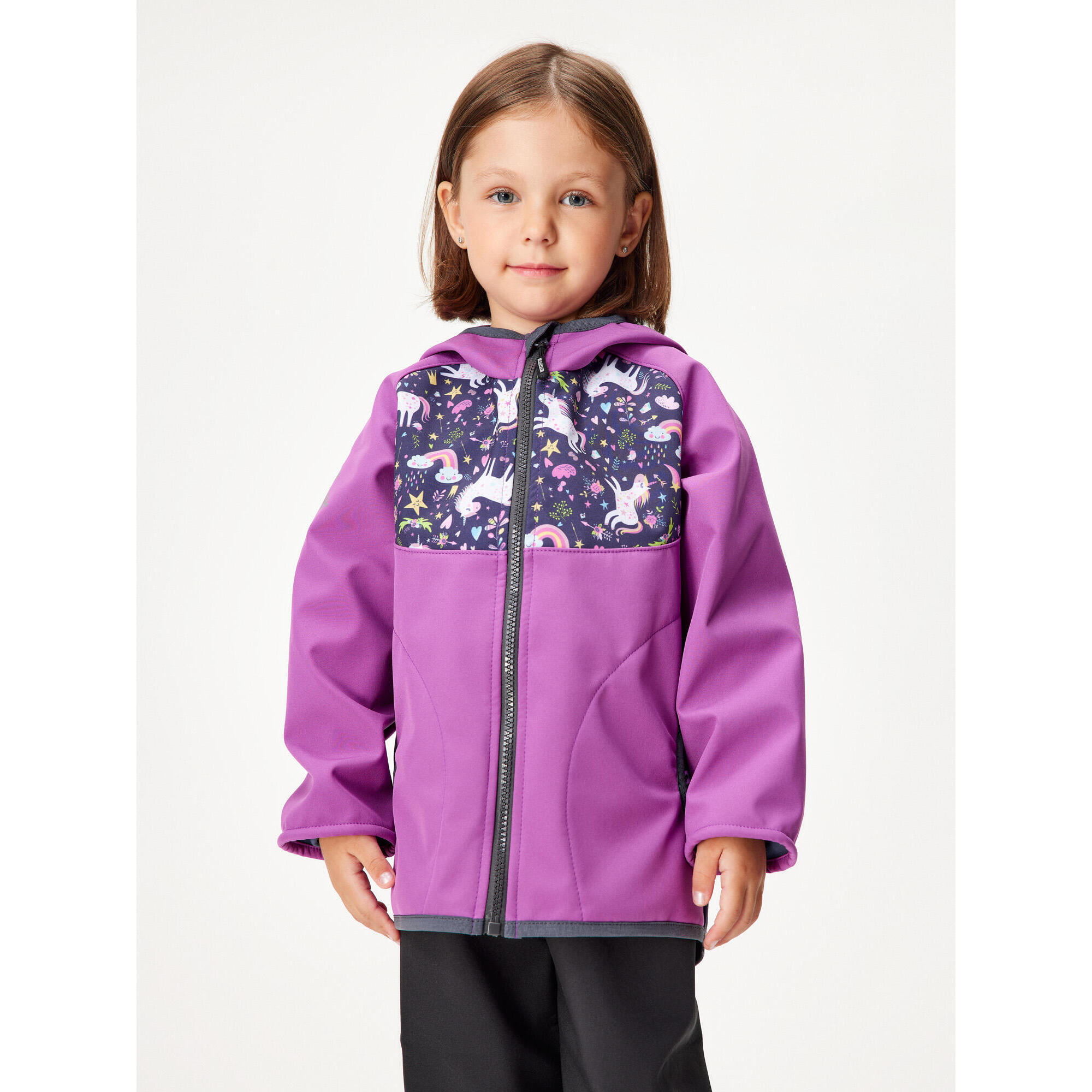 UNUO Dětská softshellová bunda s fleecem Basic, Ostružinová, Jednorožci