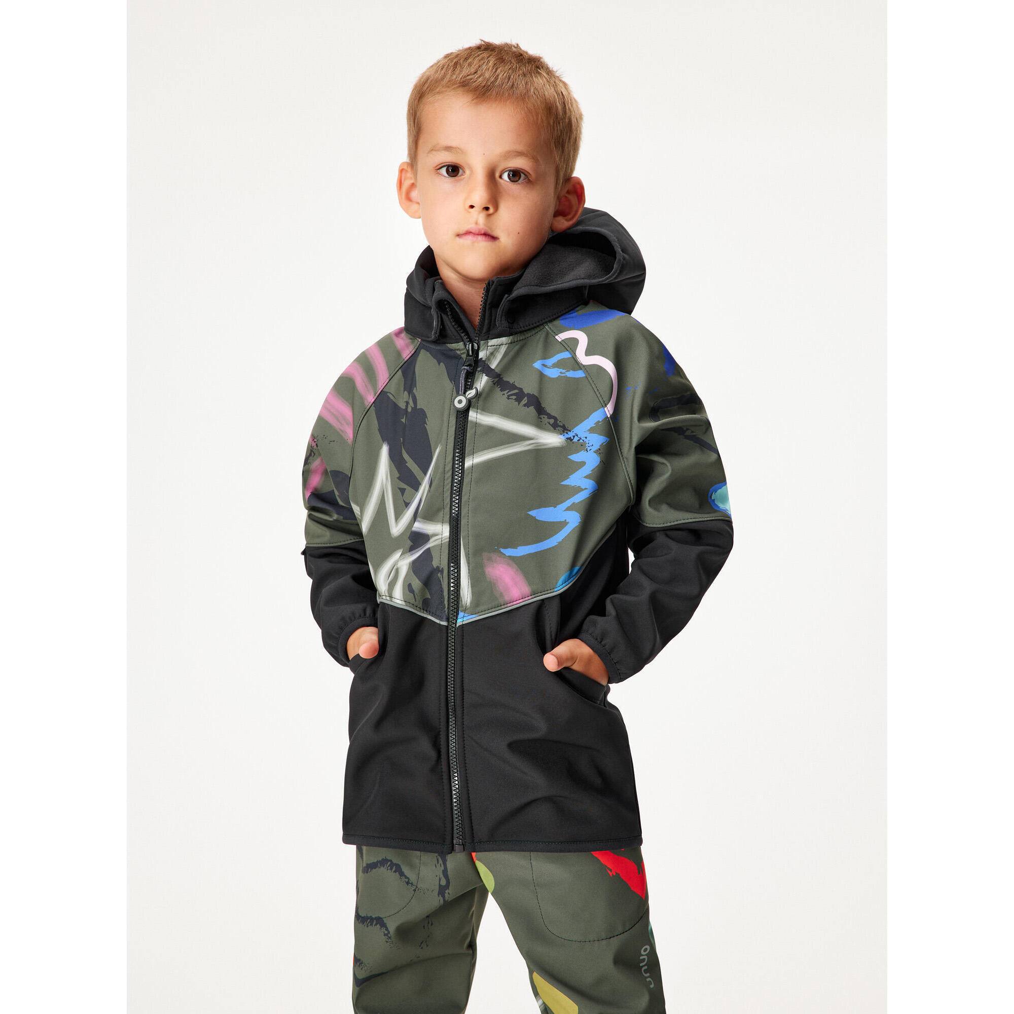 UNUO Dětská softshellová bunda s fleecem Slim, Černá, Khaki, Fantazie