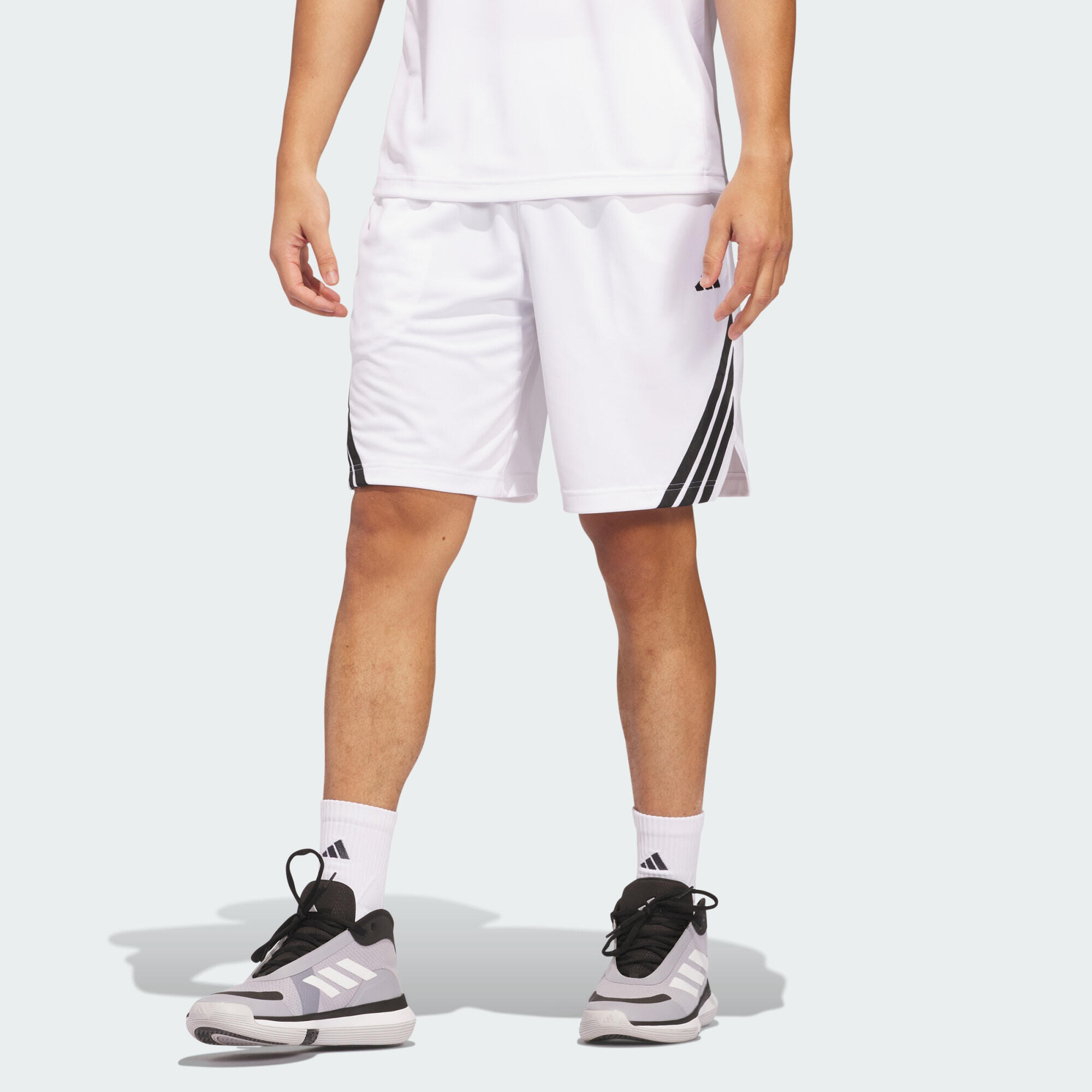 Adidas white shorts black stripes hot sale
