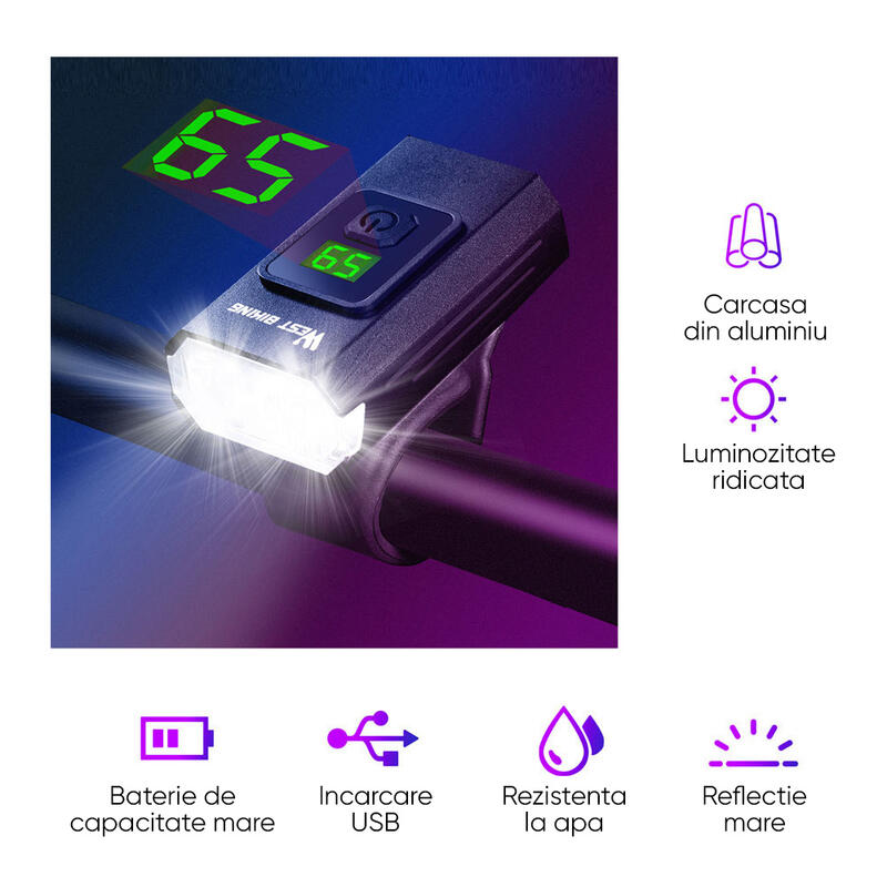 Far bicicleta, lampa frontala, 350lumeni, reincarcabil USB, potrivire universala
