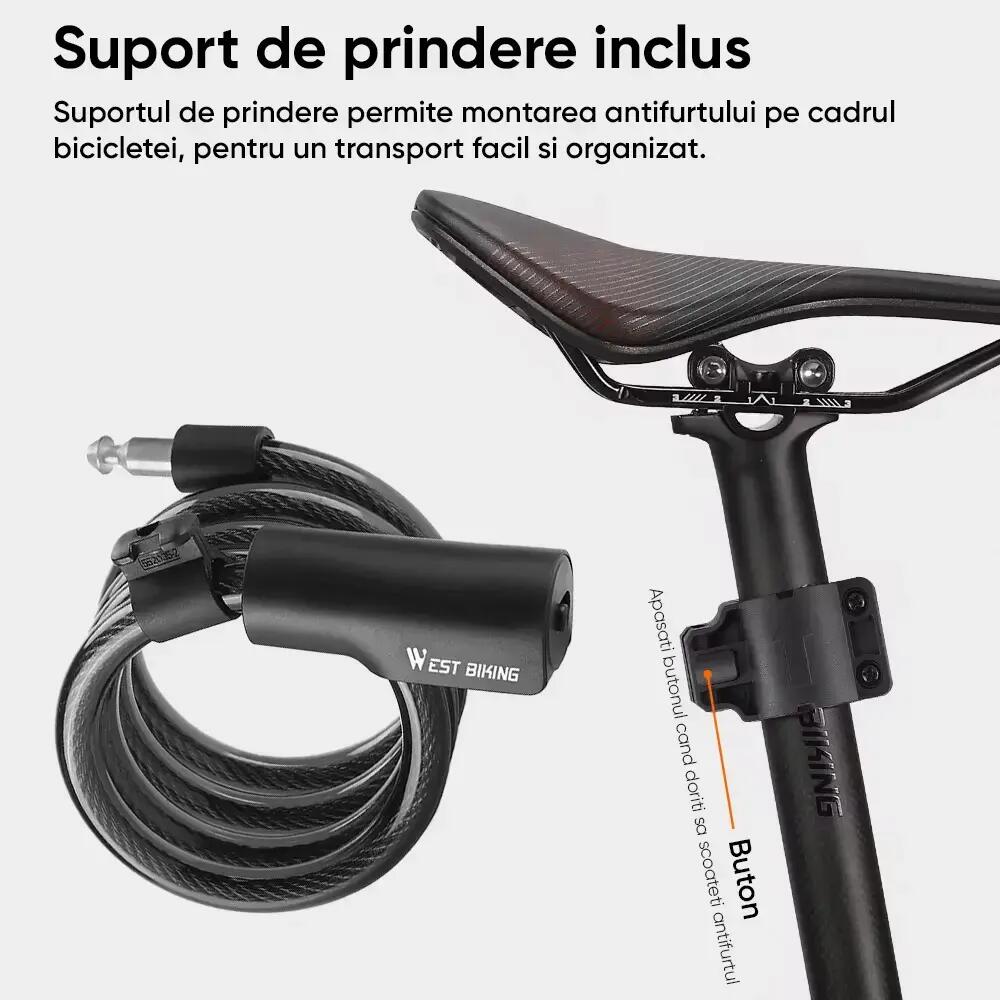 Antifurt bicicleta cu cheie, suport prindere, cablu 115 cm, potrivire universala 4/5