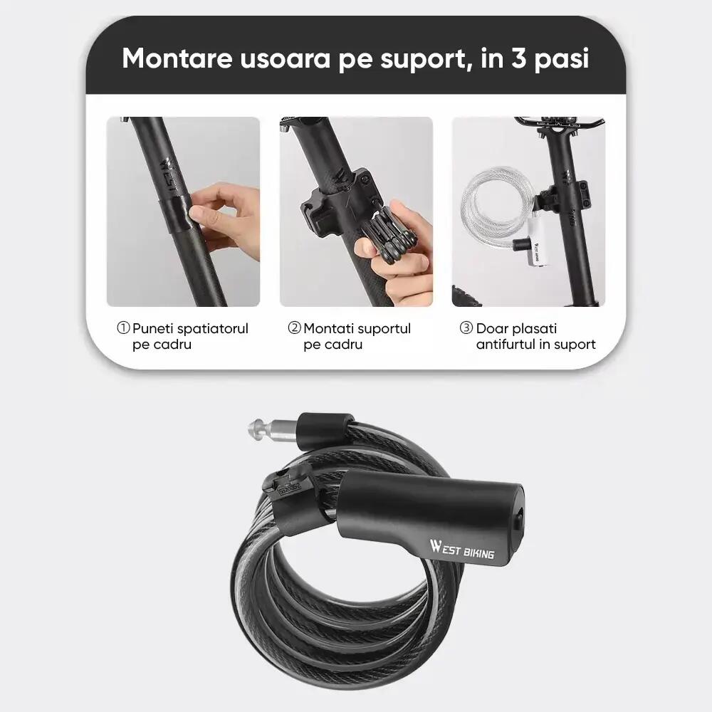 Antifurt bicicleta cu cheie, suport prindere, cablu 115 cm, potrivire universala 5/5