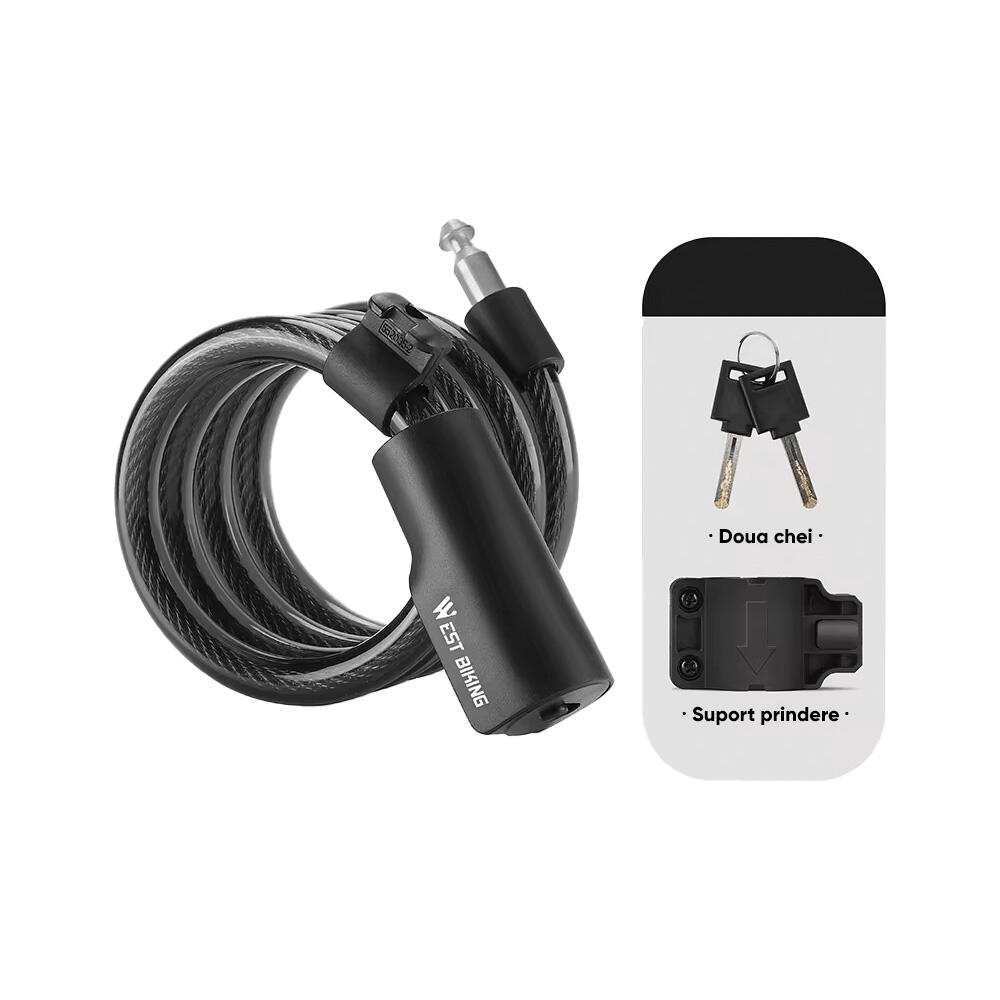 Antifurt bicicleta cu cheie, suport prindere, cablu 115 cm, potrivire universala