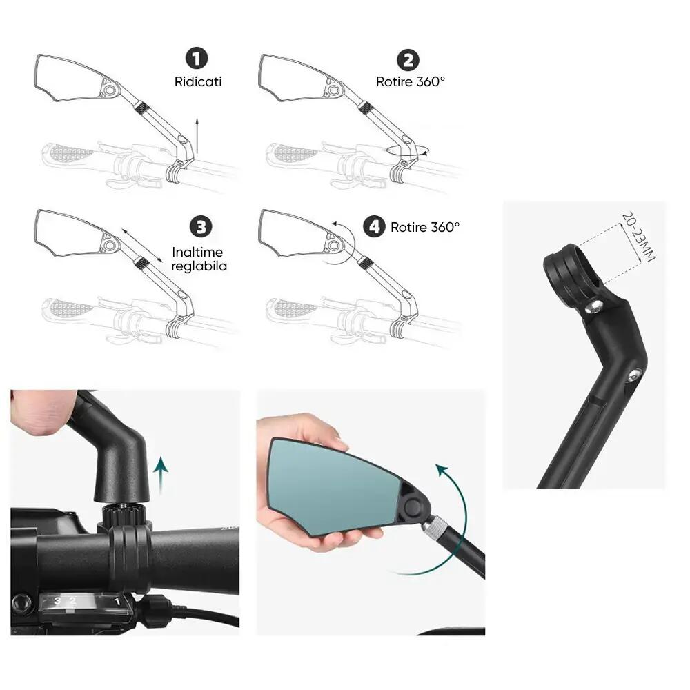Oglinda bicicleta, scuter, moto, inaltime reglabila, HD, rotire 360, antireflex 4/7