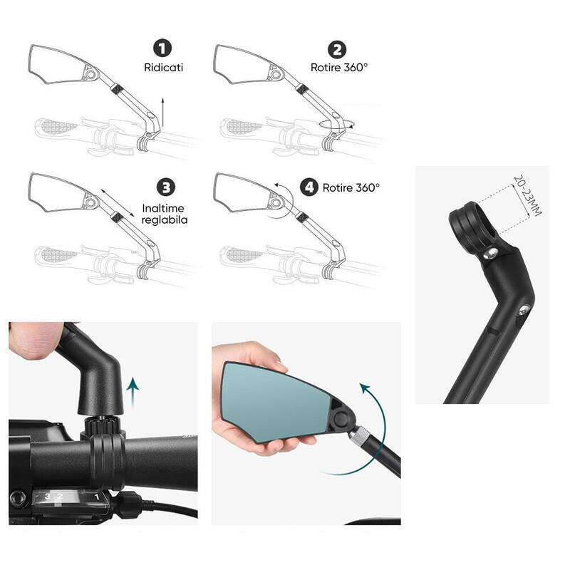 Oglinda bicicleta, scuter, moto, inaltime reglabila, HD, rotire 360, antireflex