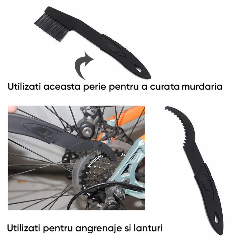 Set curatare bicicleta multifunctional perii, roti, janta, lant, pinioane, frana