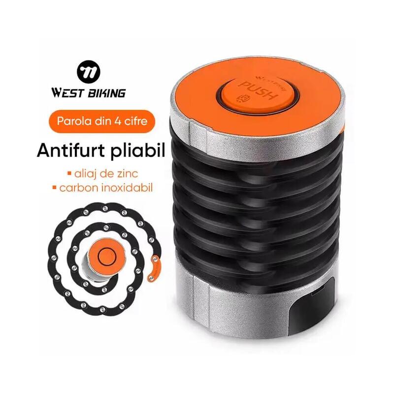 Antifurt pliabil mini cu cifru din 4 cifre, bicicleta, trotineta, scuter, 88 cm