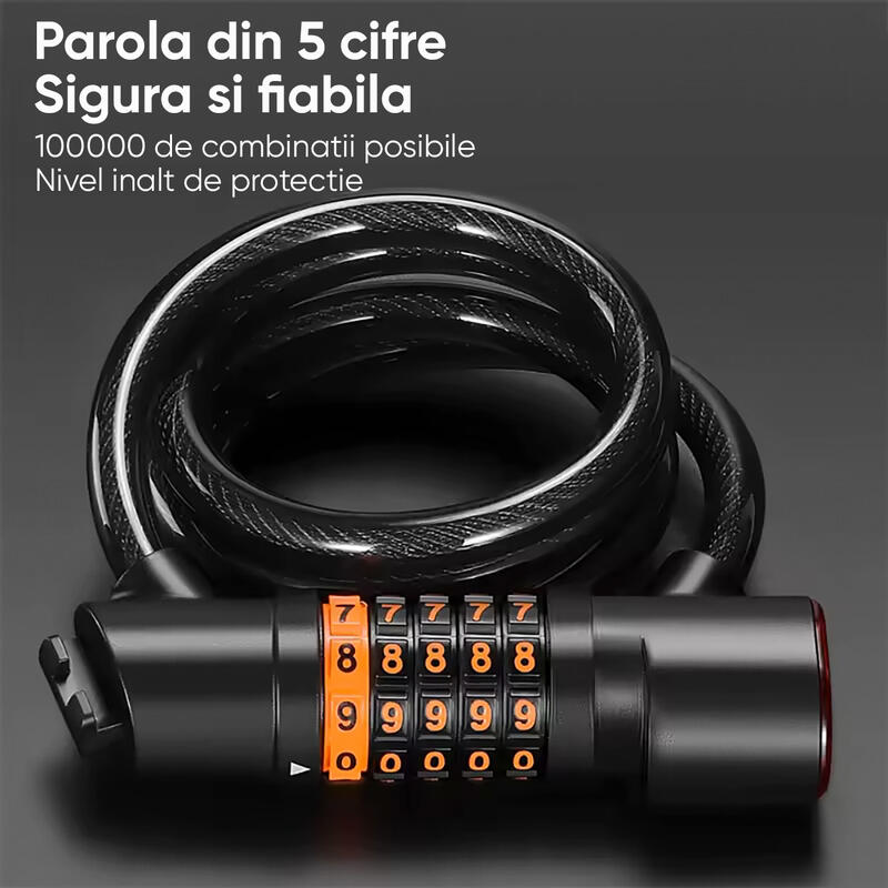 Antifurt bicicleta cu cifru iluminat LED, suport prindere, reincarcabil, 120 cm