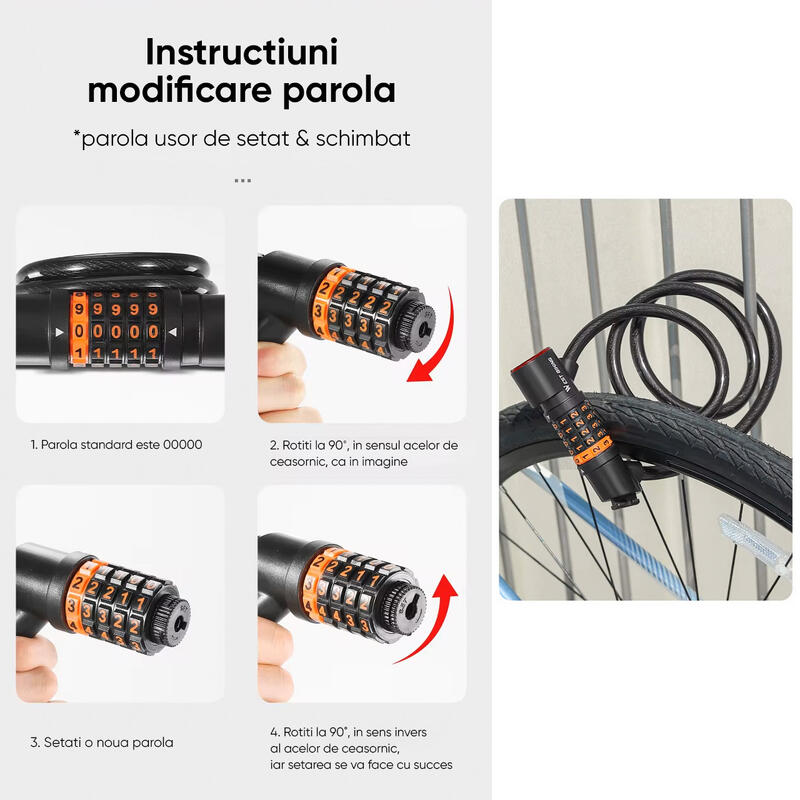 Antifurt bicicleta cu cifru iluminat LED, suport prindere, reincarcabil, 120 cm