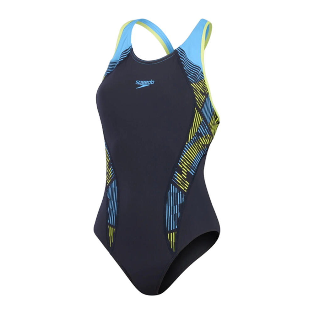 SPEEDO Womens/Ladies Placement Laneback One Piece Swimsuit (Navy/Yellow)