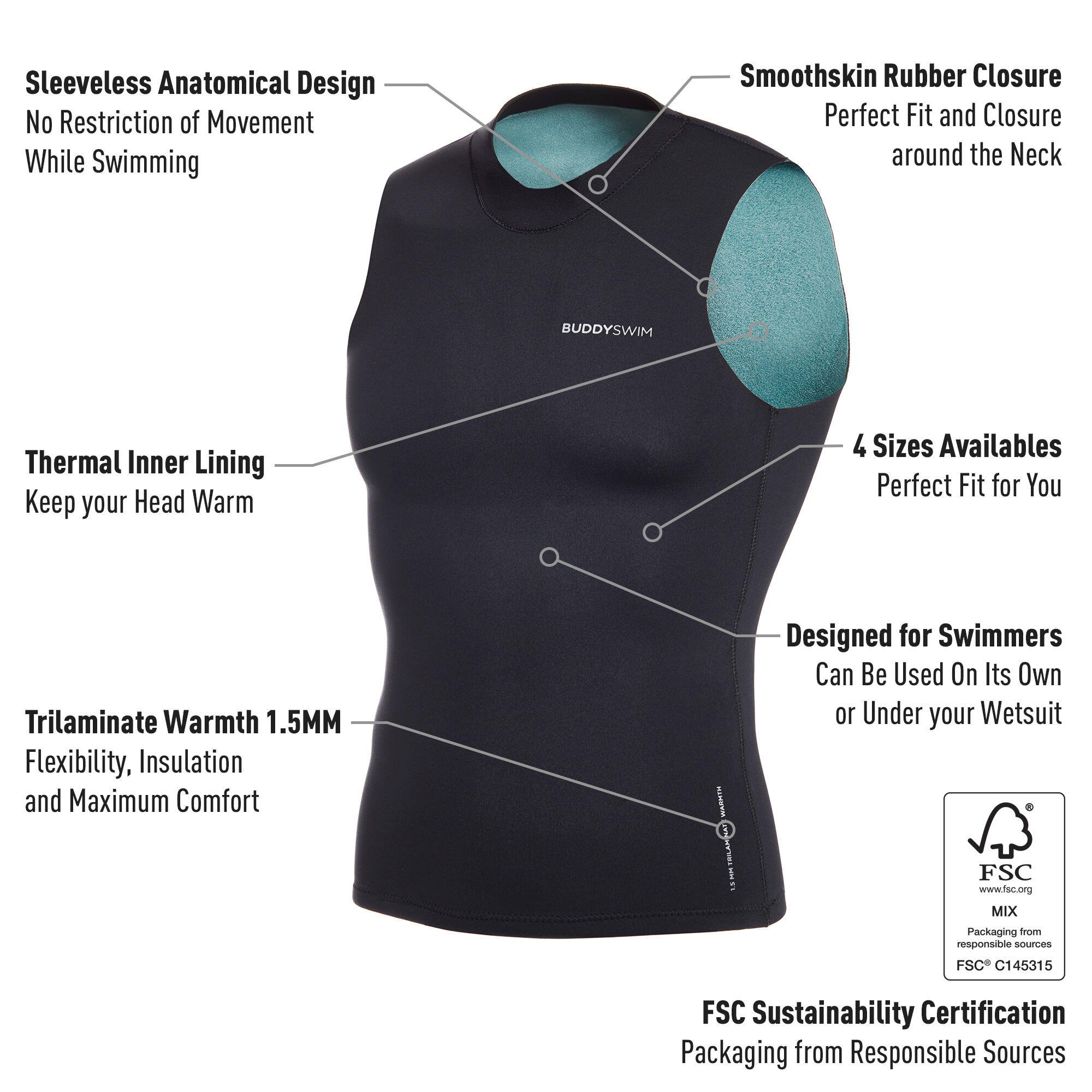 Gilet in neoprene da 1,5 mm per il nuoto in acque libere Buddyswim nero 2/5