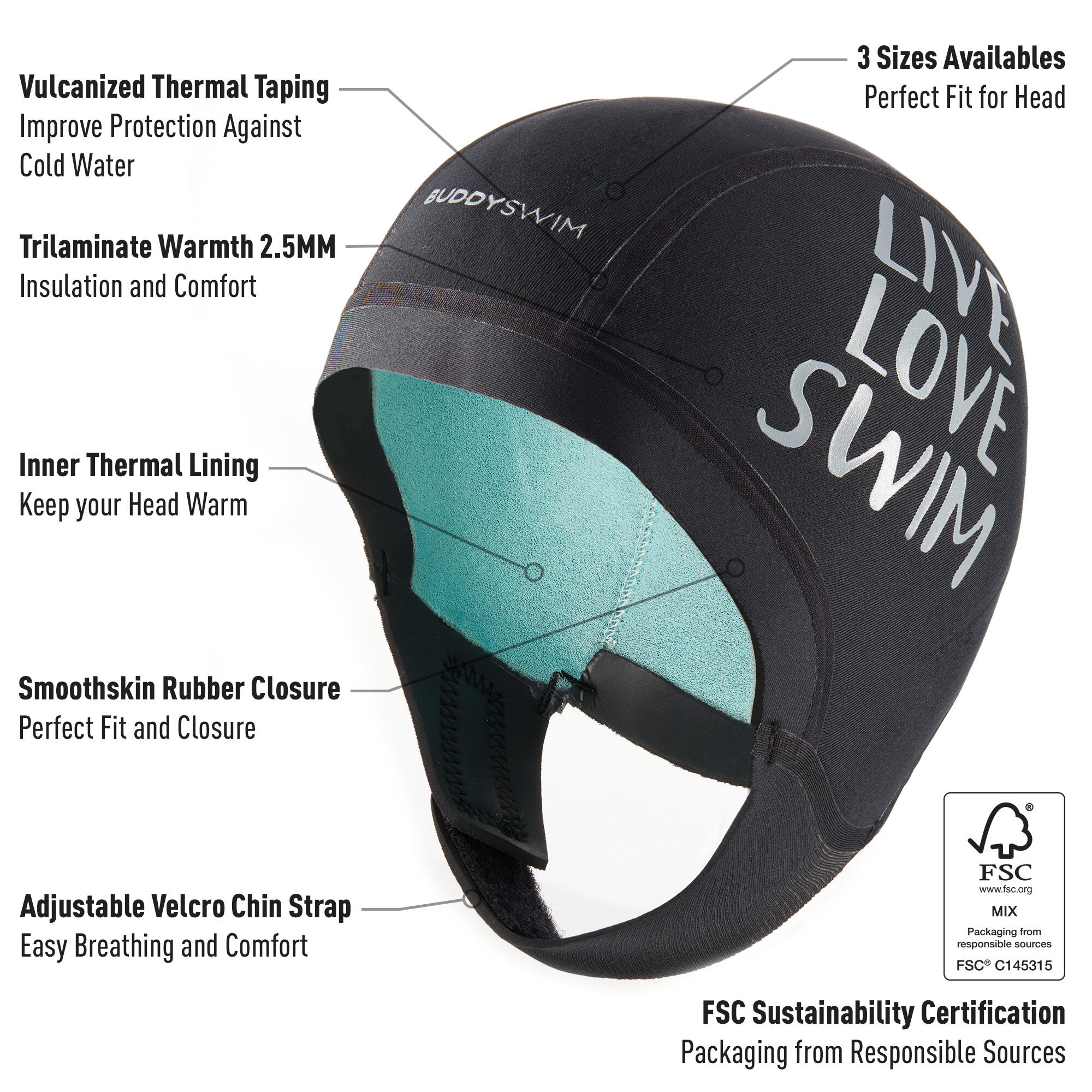 Neopreen Cap 2,5 mm Open Water Zwemmen Buddyswim Zwart 2/6