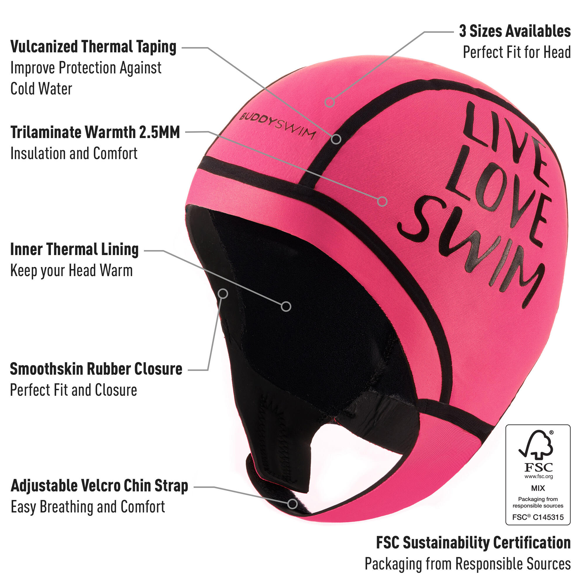 Bonnet néoprène 2,5 mm Natation en eau libre Buddyswim rose 2/5