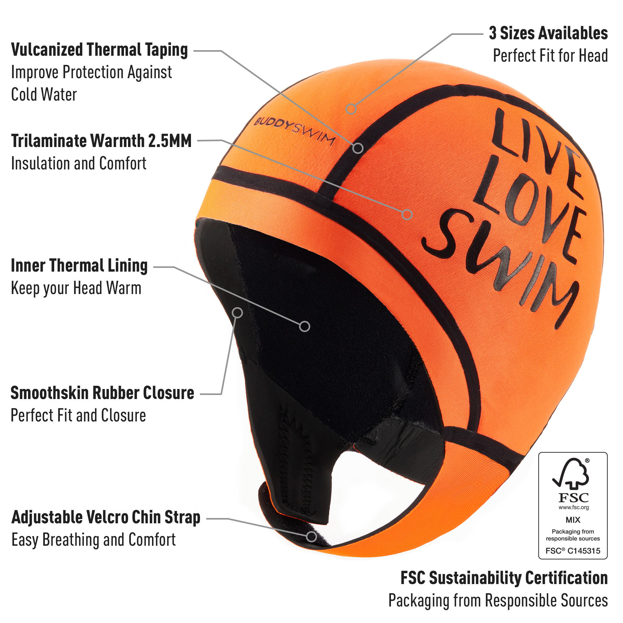 Cuffia in neoprene 2,5 mm Nuoto in acque libere Buddyswim Arancione 2/5