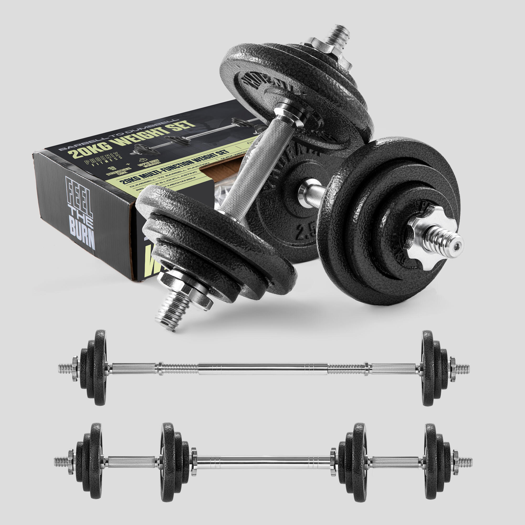 20KG Cast Iron Adjustable Dumbbell and Barbell Weight Set for Home Workouts PHOENIX FITNESS Decathlon