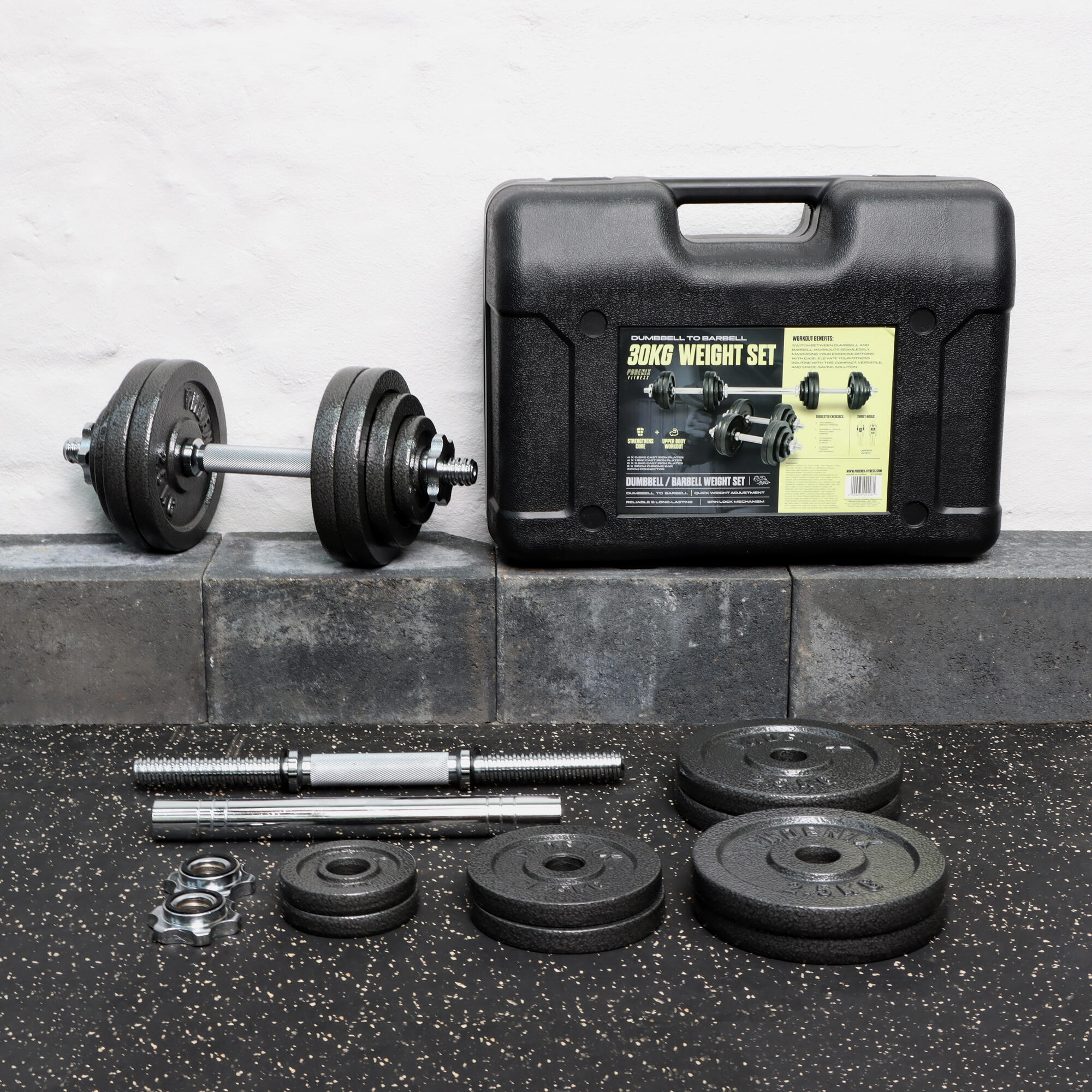 30kg Cast Iron Adjustable Dumbbell and Barbell Weight Set for Home Workouts PHOENIX FITNESS Decathlon