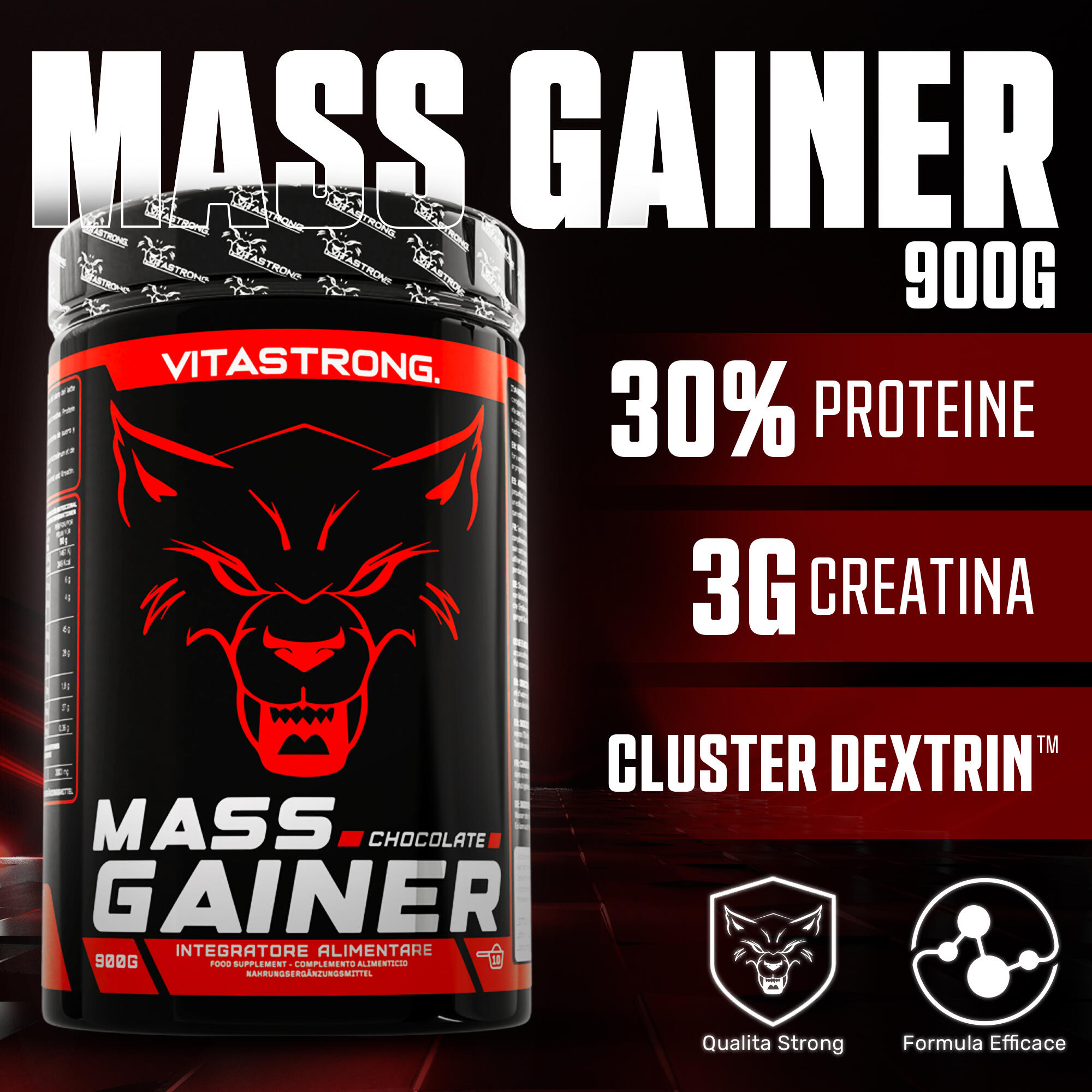 Mass Gainer VITASTRONG - 30% Proteine in Polvere, Cluster Dextrin™ 2/6