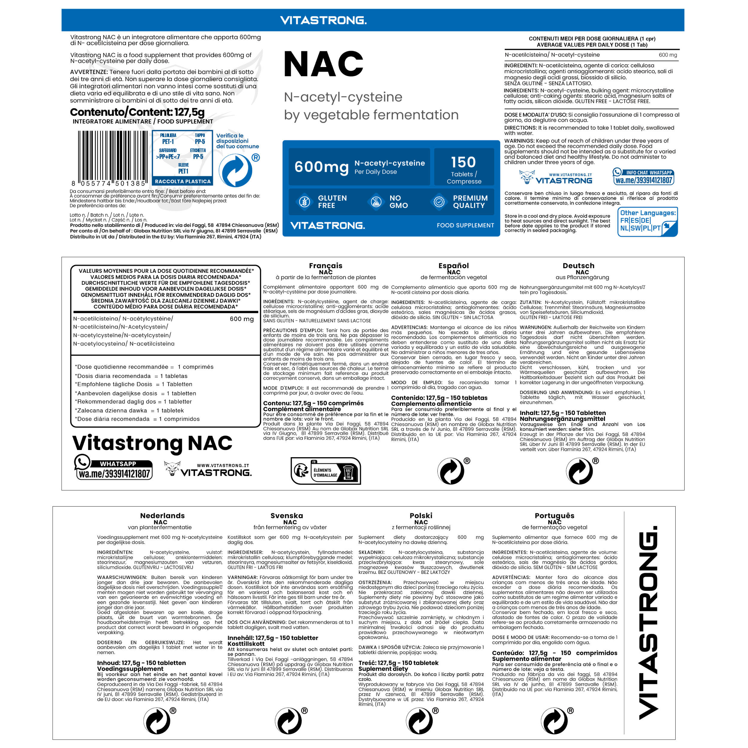 NAC 600mg Vitasrong - NAC N-acetil-cisteina 600mg - 150 Compresse 6/6