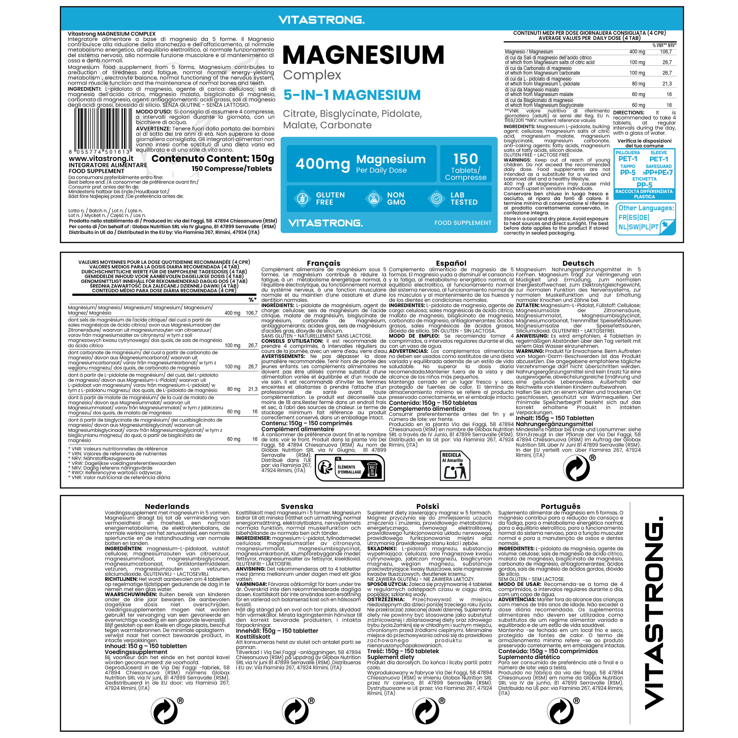 Magnesio completo 400mg – 5 en 1: bisglicinato, citrato, pidolato 2/3