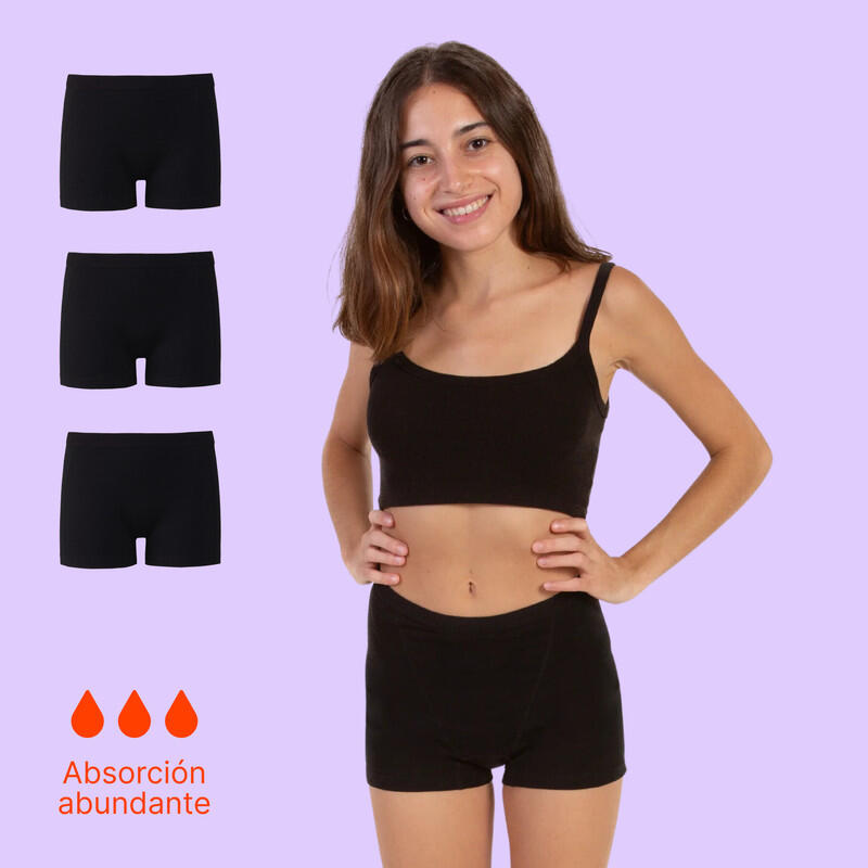 Pack 3 Bóxer Menstrual Negro Niña Flujo Abundante Ecowoman