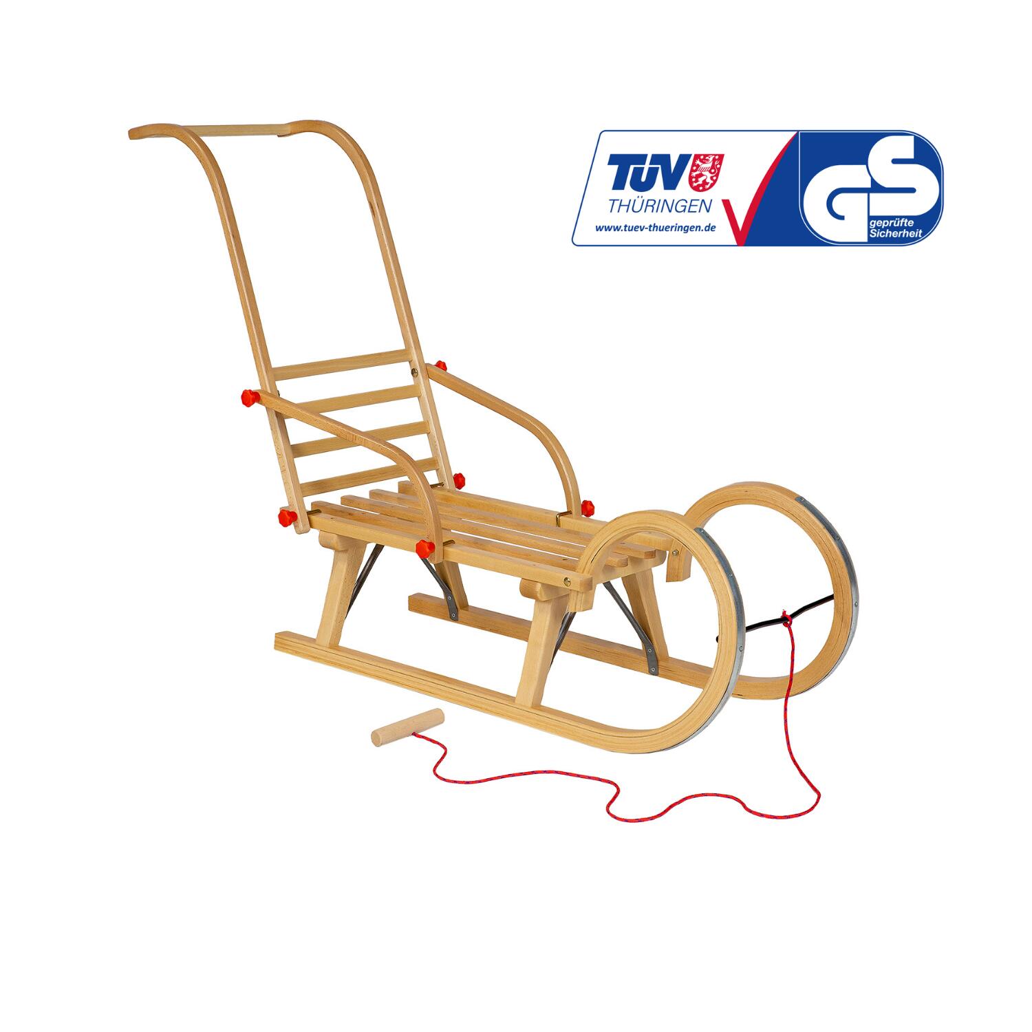 DREWMAX Holzschlitten AD323 95cm + AD310 Rückenlehne und Schiebestange + AD300 Schnur