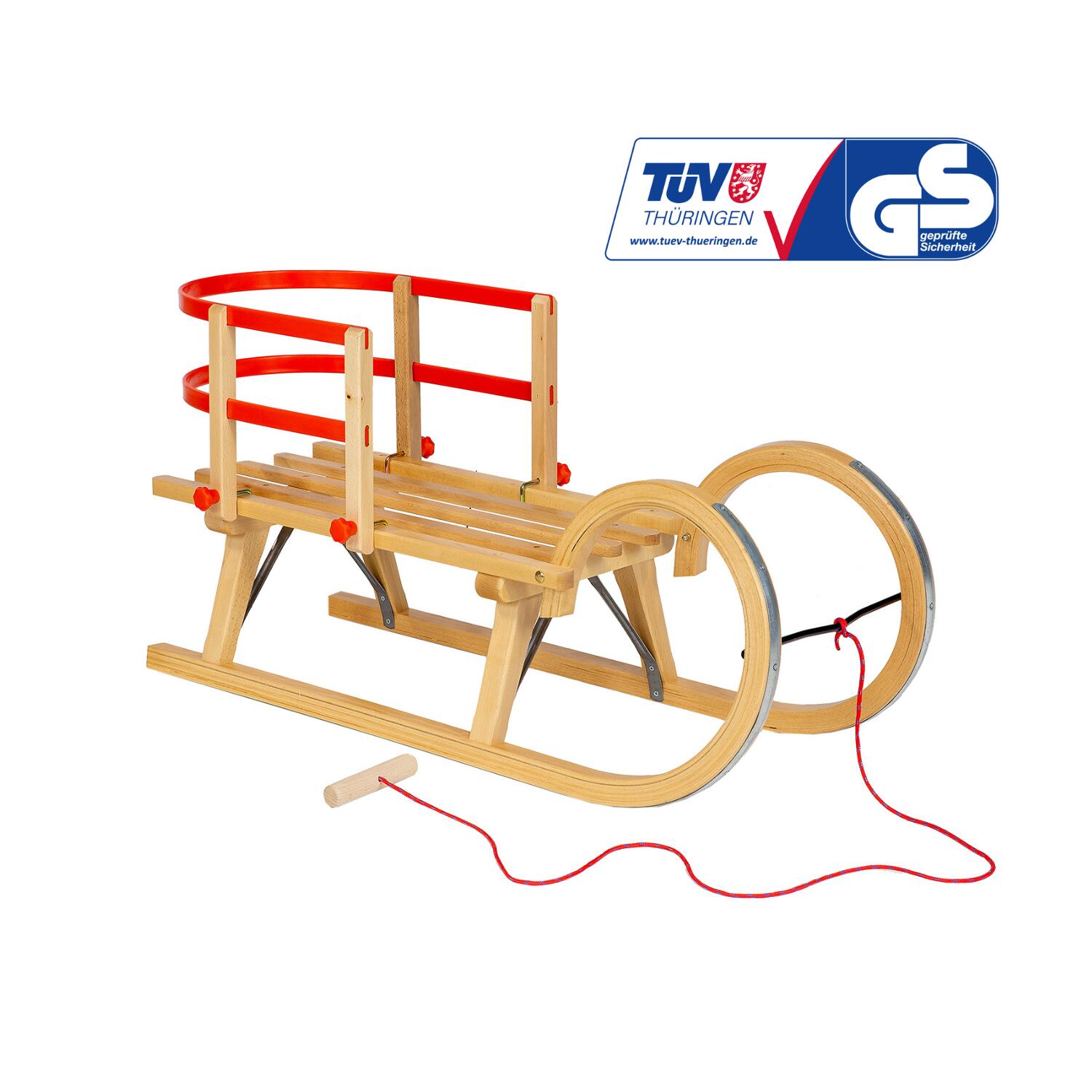 DREWMAX Holzschlitten AD323 95 CM Schlitten, AD303 Holzschlittenlehne und AD300 Schnur