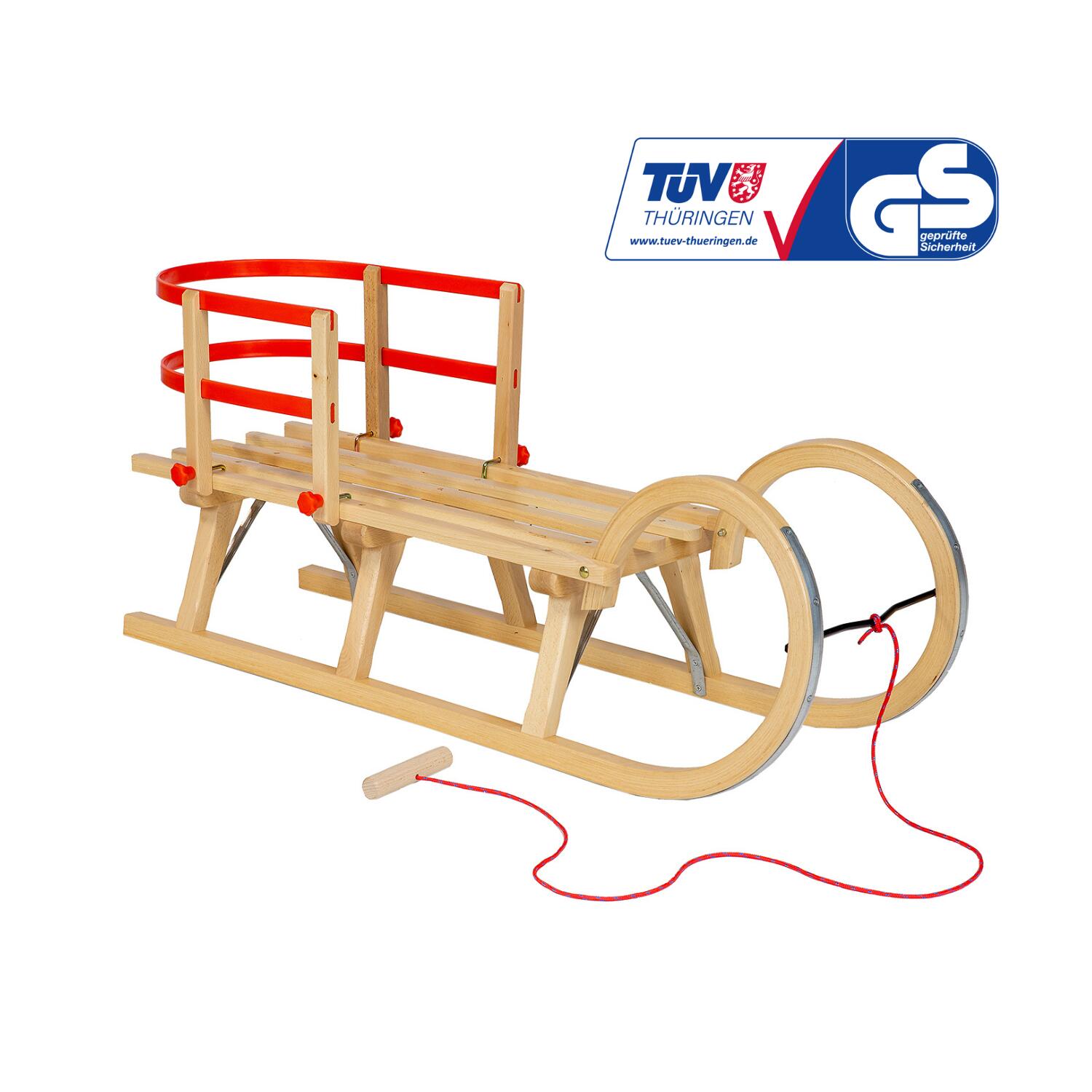 DREWMAX Holzschlitten AD323 110 CM Schlitten + AD303 rote Lehne + AD300 Schnur