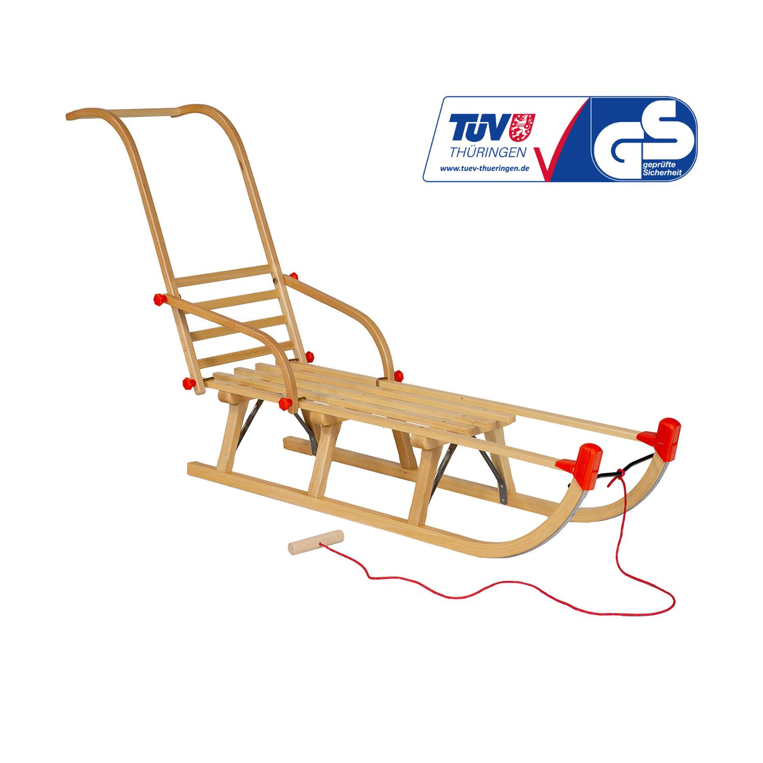 DREWMAX Holzschlitten AD324 110 CM + AD310 Rückenlehne und Schiebestange + AD300 Schnur