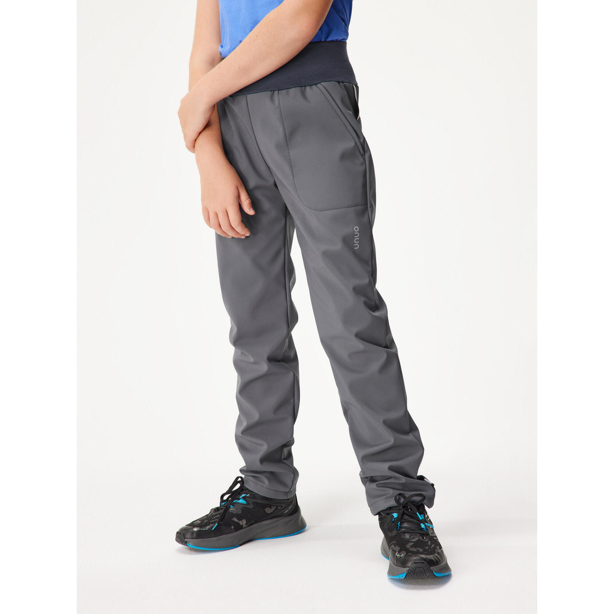 UNUO Dětské softshellové kalhoty s fleecem Simple, Tm. Šedá