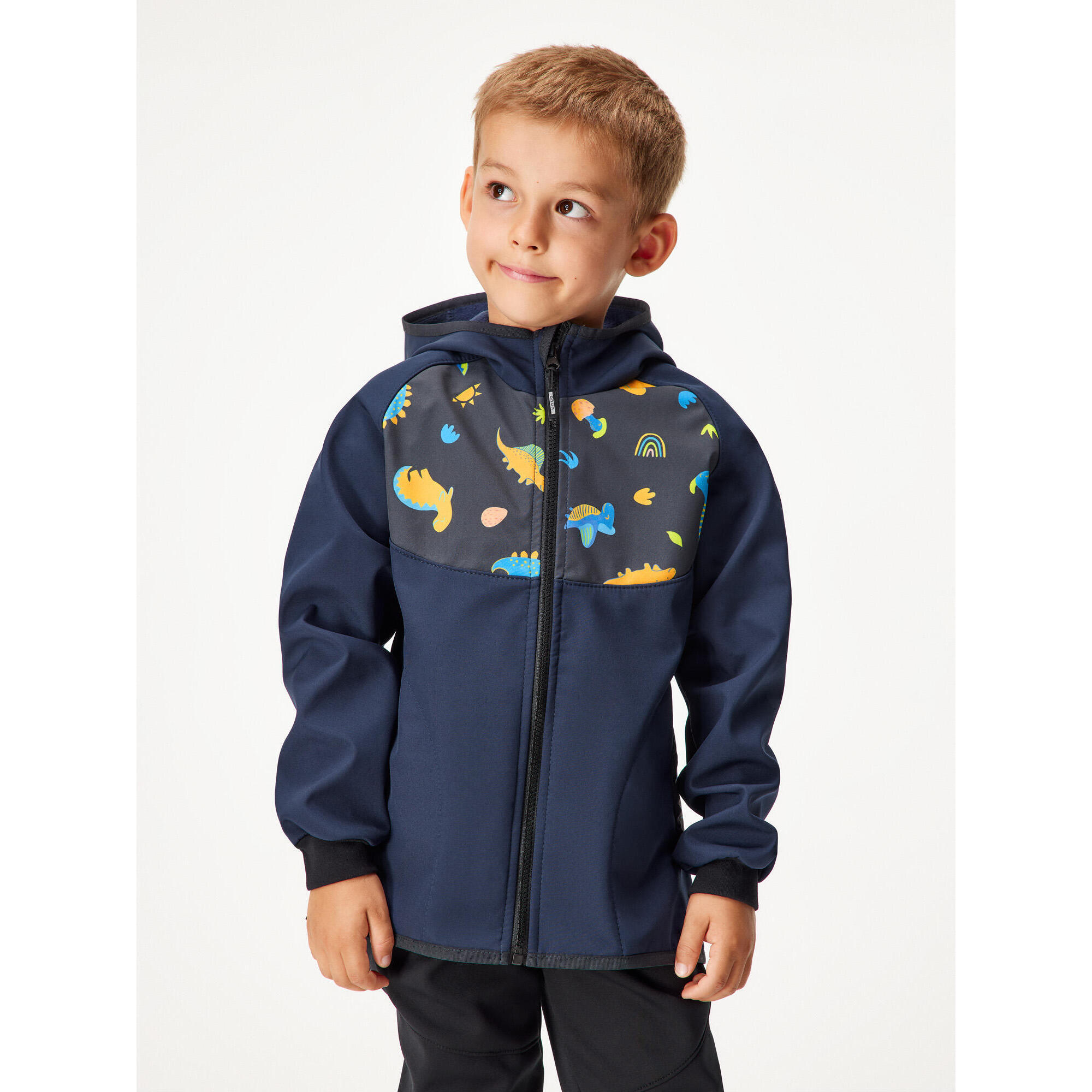 UNUO Dětská softshellová bunda s fleecem Basic, Tm. Modročerná, Dinosauři
