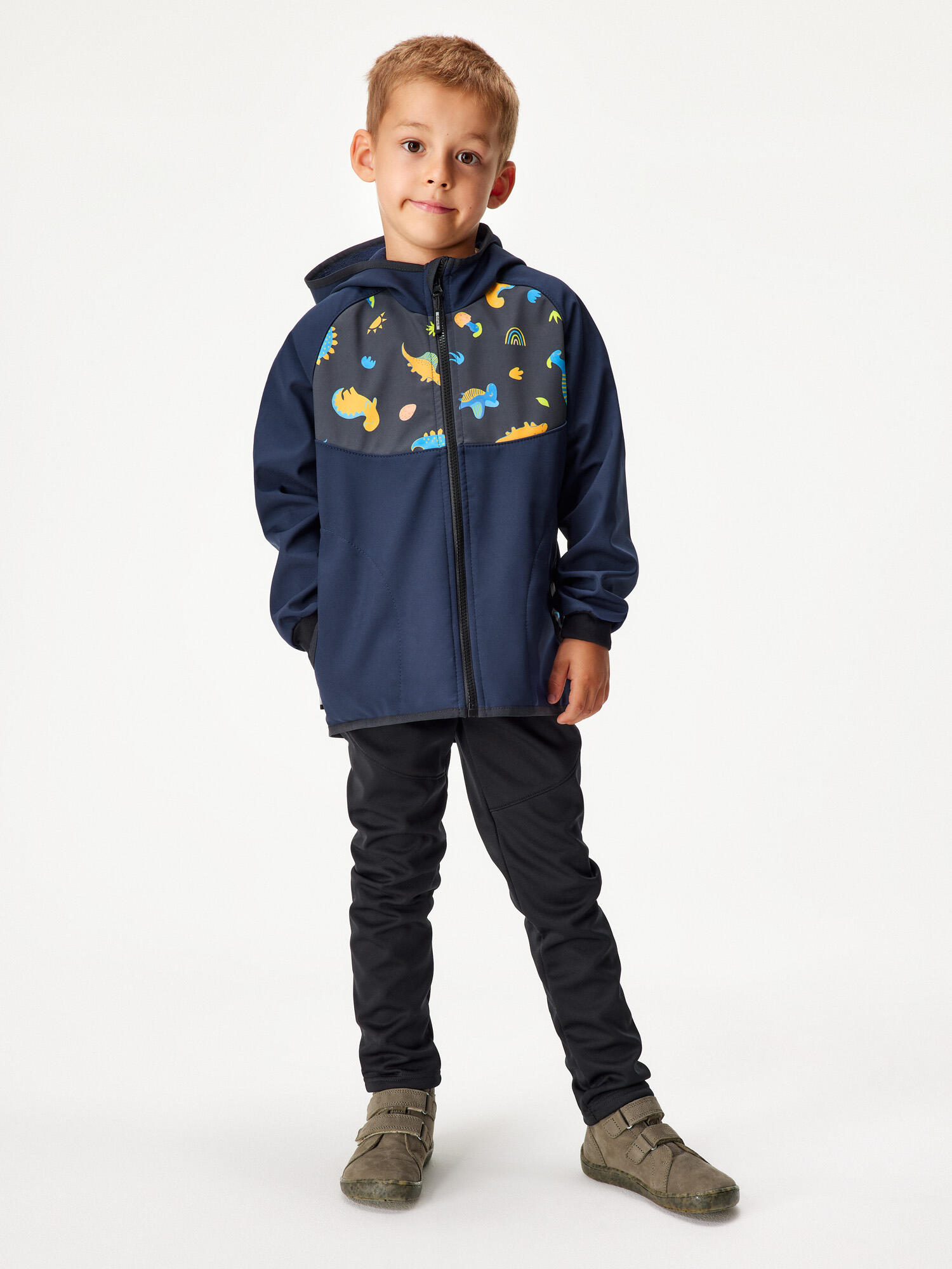 Softshell-Jacke mit Fleece für Kinder Basic, Dunkel Blau Schwarz, Dinosaurier 6/7