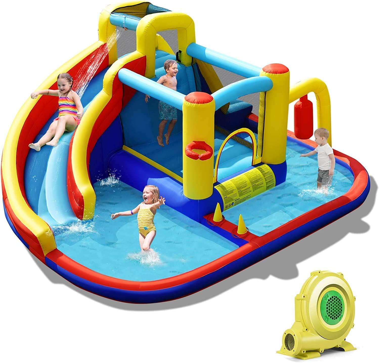 7-in-1 Inflatable Bounce Castle with Curved Water Slide (with 680W Blower)