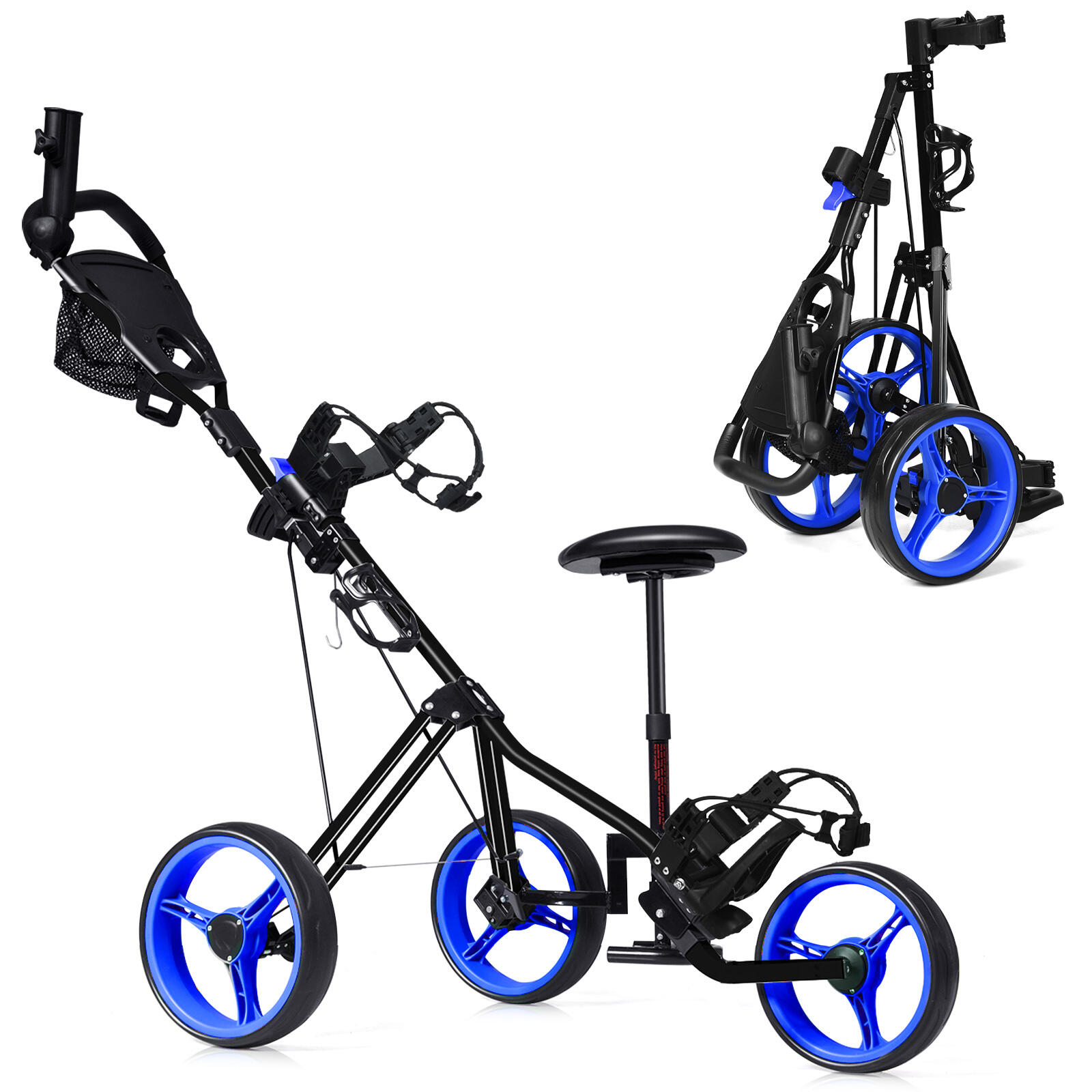 3-Wheel Folding Golf Push Cart with Adjustable Handle & Padded Seat