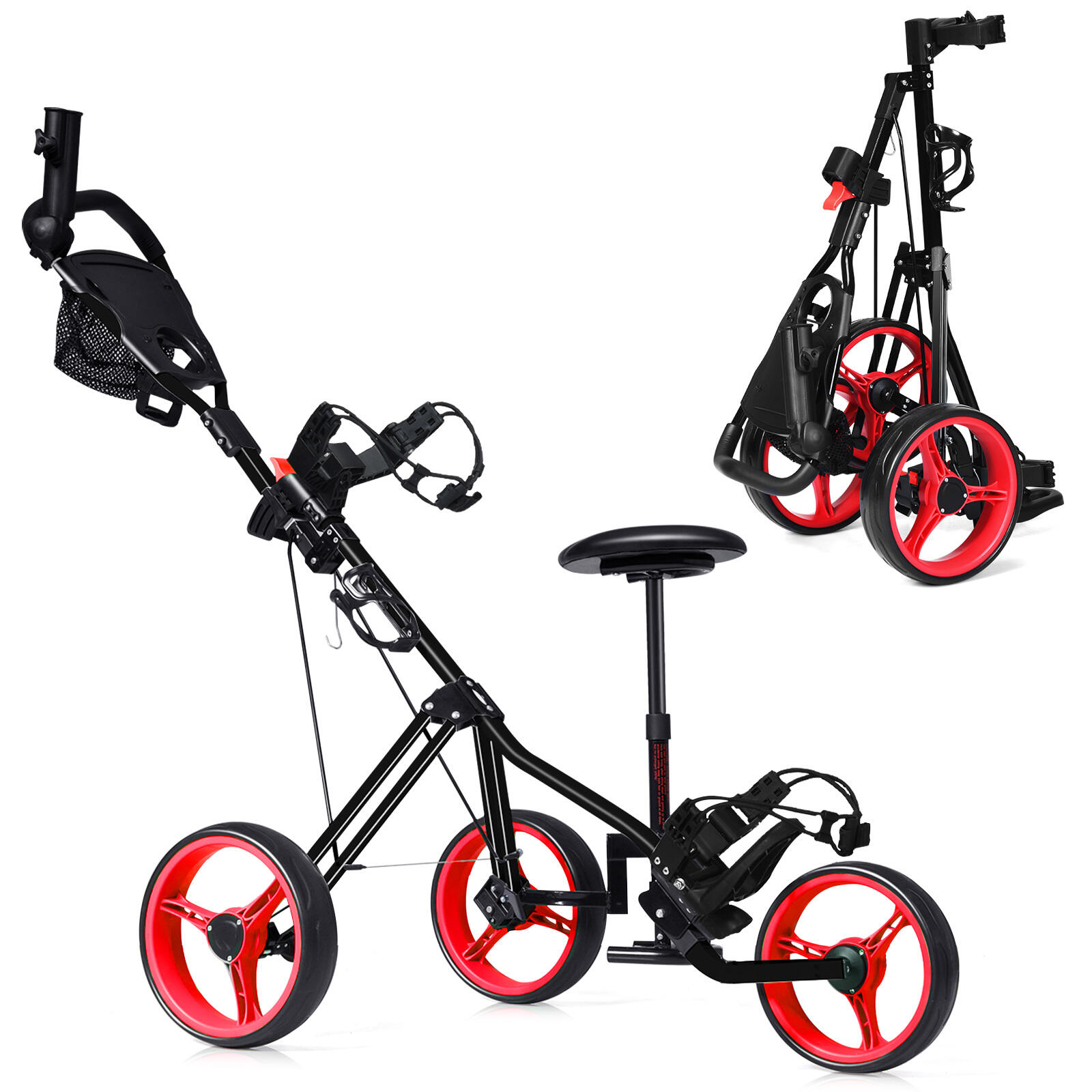 3-Wheel Folding Golf Push Cart with Adjustable Handle & Padded Seat