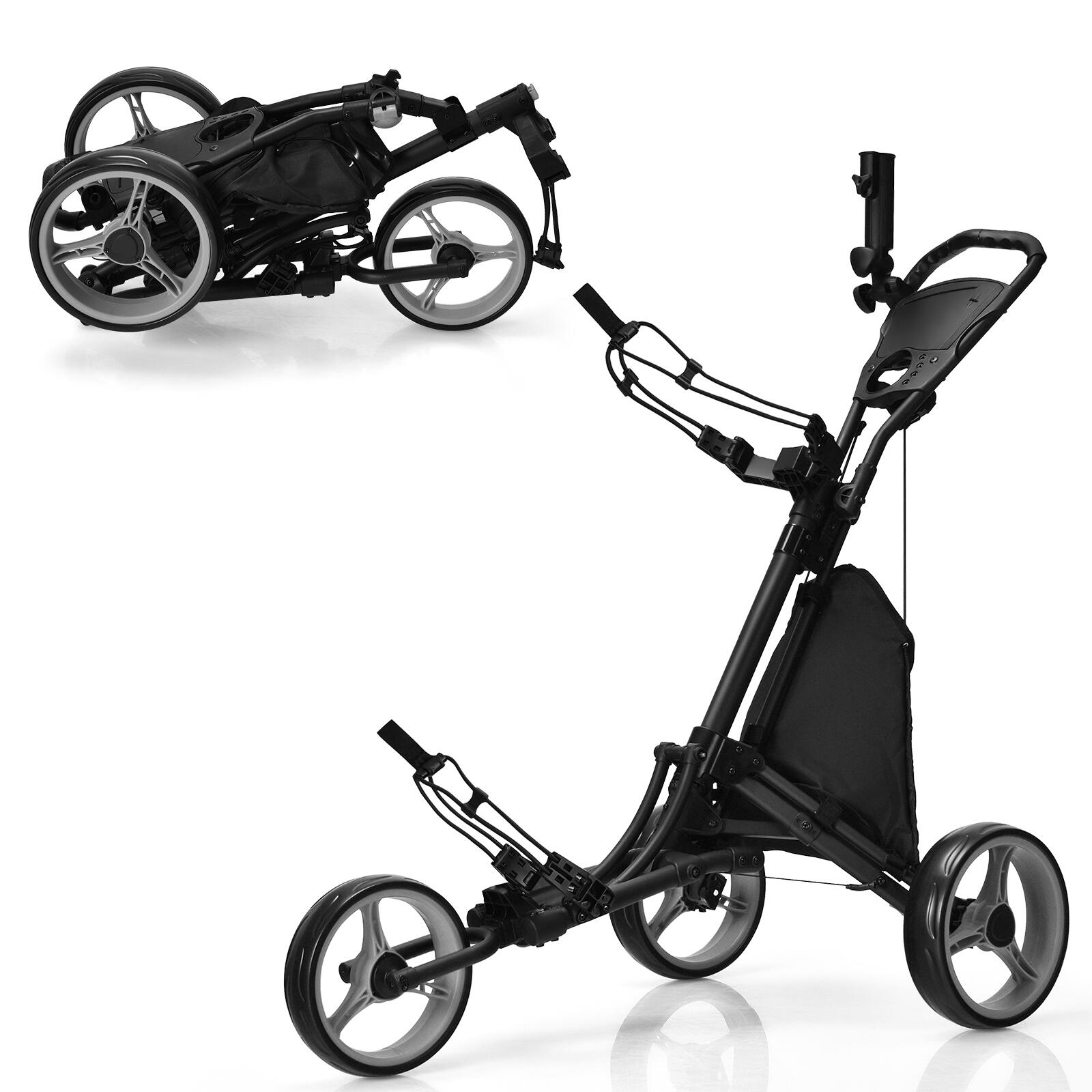 3 Wheel Folding Golf Walking Push Cart with Coated Storage Bag