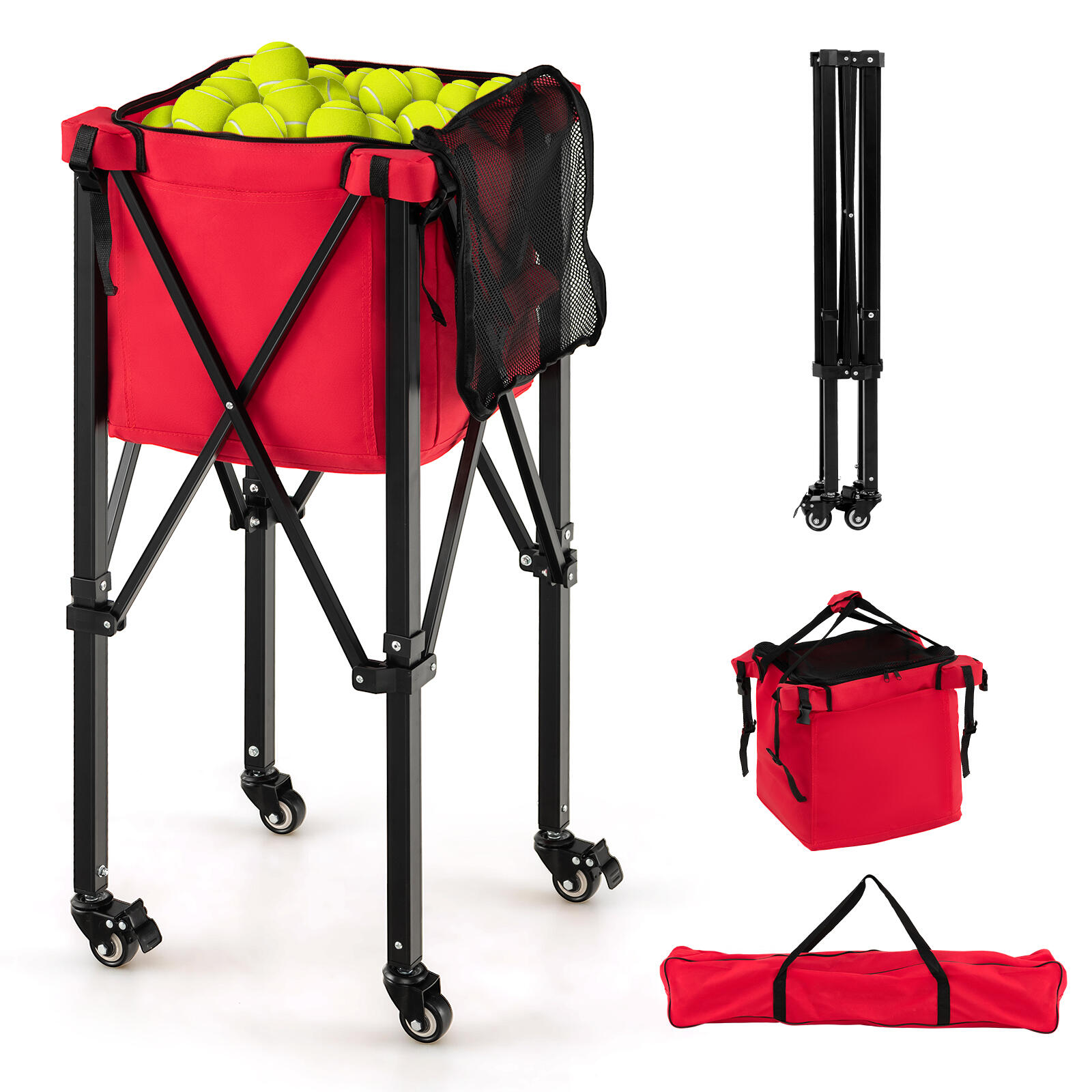 Foldable Tennis Ball Cart with Wheels and Removable Bag