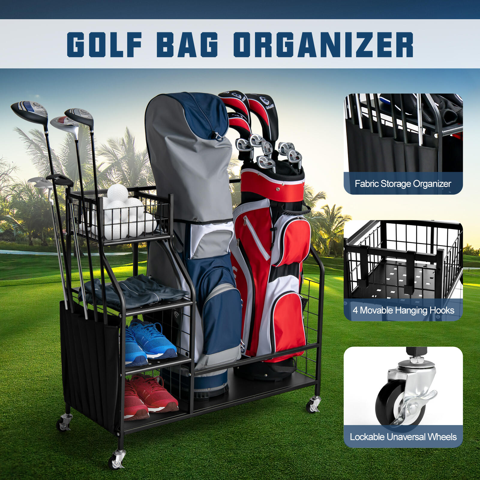 Golf Bag Storage Rack with Lockable Universal Wheels for Golfing Equipment