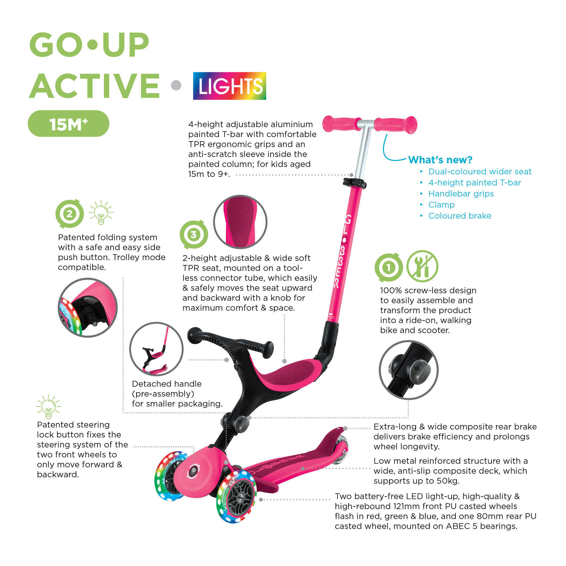 Go Up Active Lights 3-in-1 Foldable Toddler Scooter With Seat - Mint