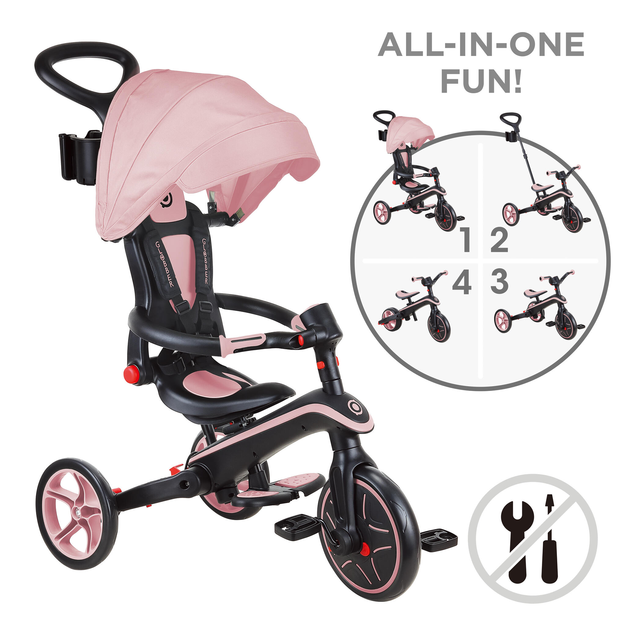 Globber Explorer Trike Foldable 4 in 1 Baby Trike Balance Bike Pastel Pink