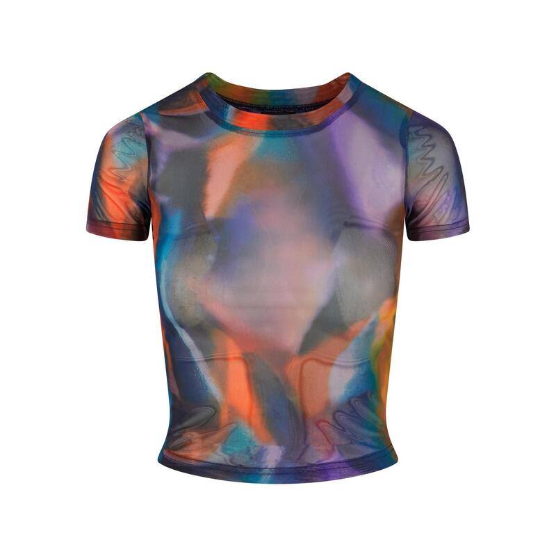 Dames Mesh Tshirt met allover print (Veelkleurig)