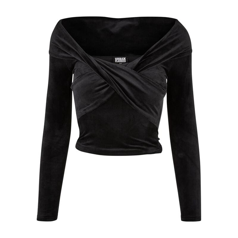 Dames Off Shoulders Velvet Cross Front Top met lange mouwen (Zwart)