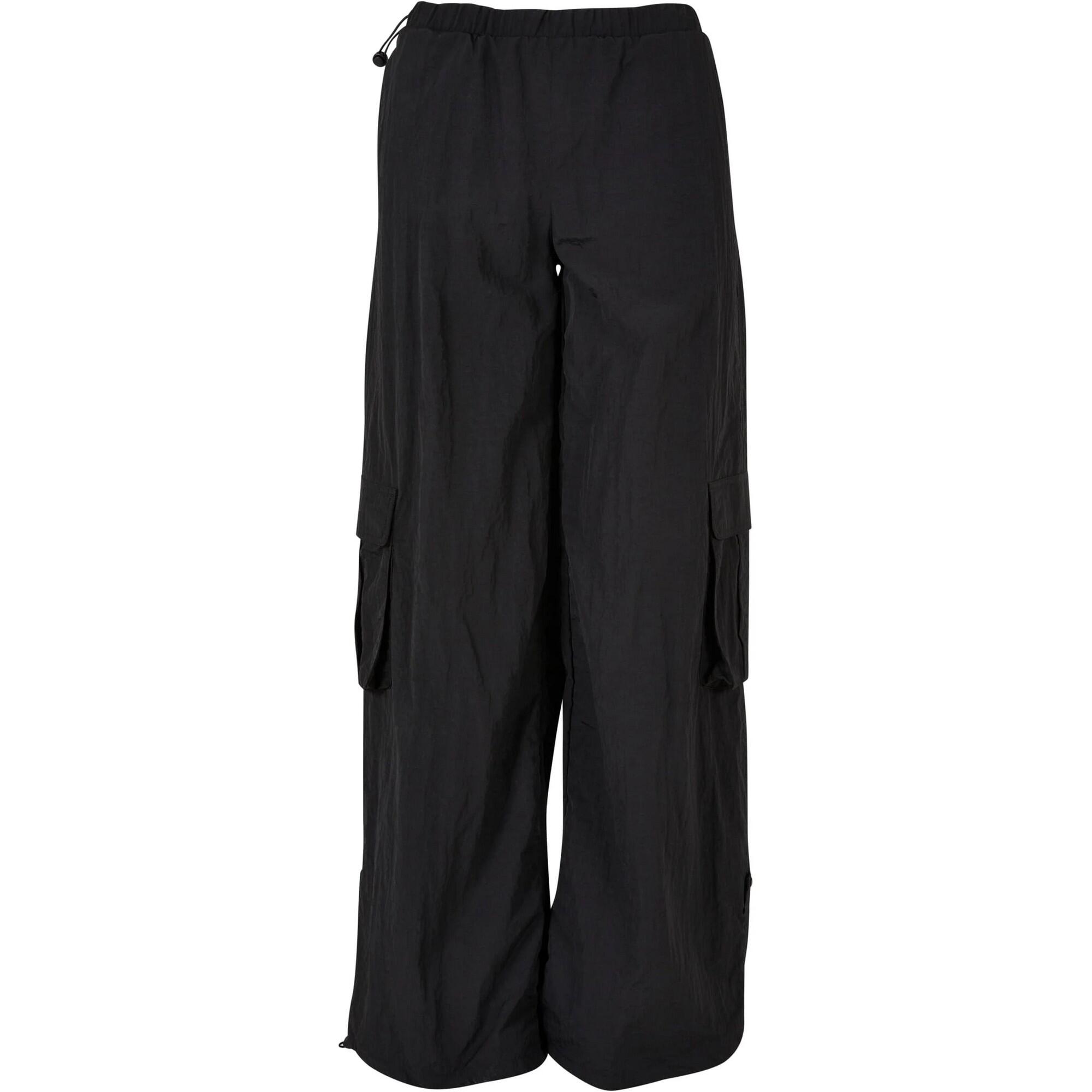 Calças largas de nylon enrugadas para mulher/senhora preto