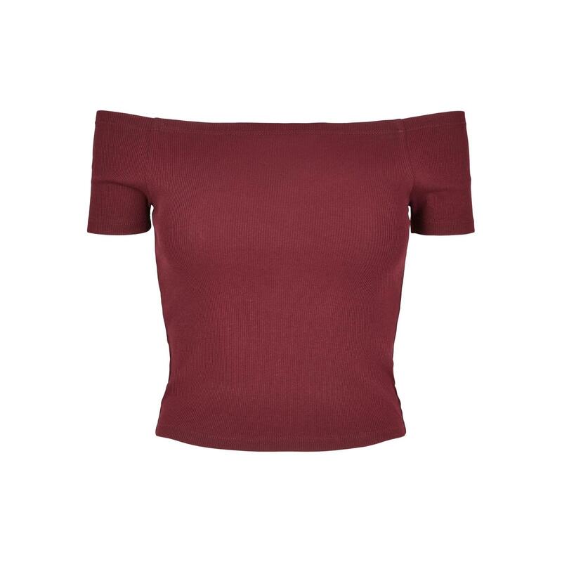 Dames Geribd Off Shoulder Tshirt (Rode Wijn)