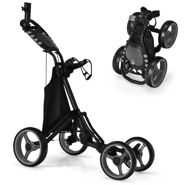Folding four-wheel golf push cart with a cooler bag